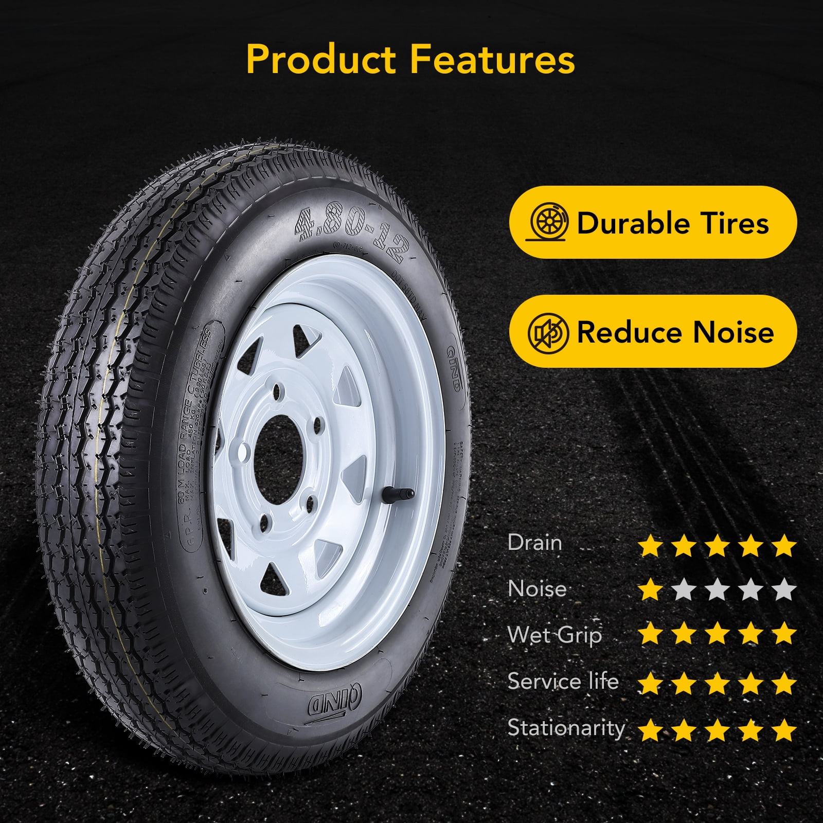 Telyswee 4.80-12 Trailer Tire and Rim Assembly (5 Lug on 4.5 in, Load Range C, 6PR, Set of 2) x3v6h