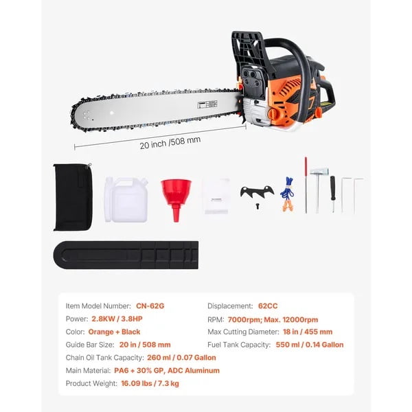 Generic 62cc Gas Chainsaw, 3.8 HP Professional Wood Cutting Tool with 20 in Guide Bar (Orange, 20 in) wf4f5