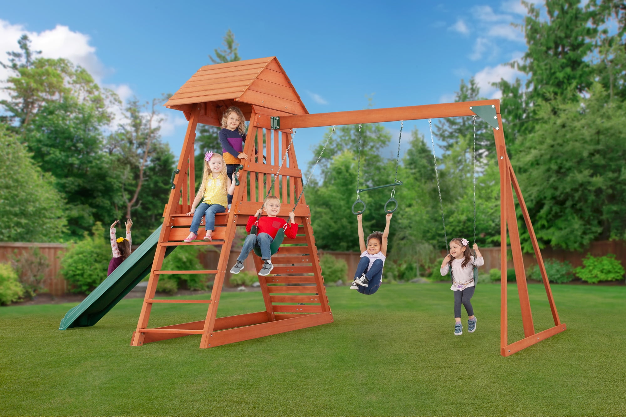Creative Cedar Designs Cedar Chalet Wooden Swingset (Brown, Residential Outdoor Playset) 8zoi2