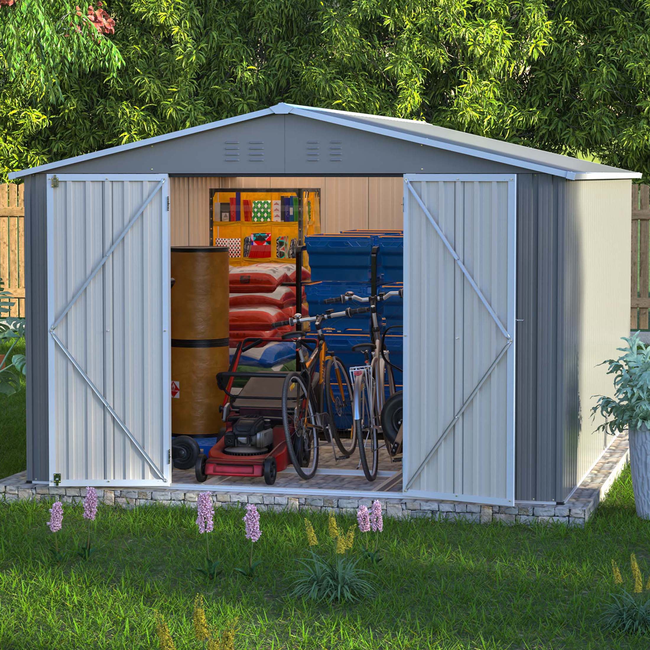 LZBEITEM Outdoor Storage Shed with Floor Frame Kit, Galvanized Steel Garden Tool Shed, Weatherproof Backyard Storage with Lockable Double Doors (Gray, 10 ft x 12 ft) 7fx83