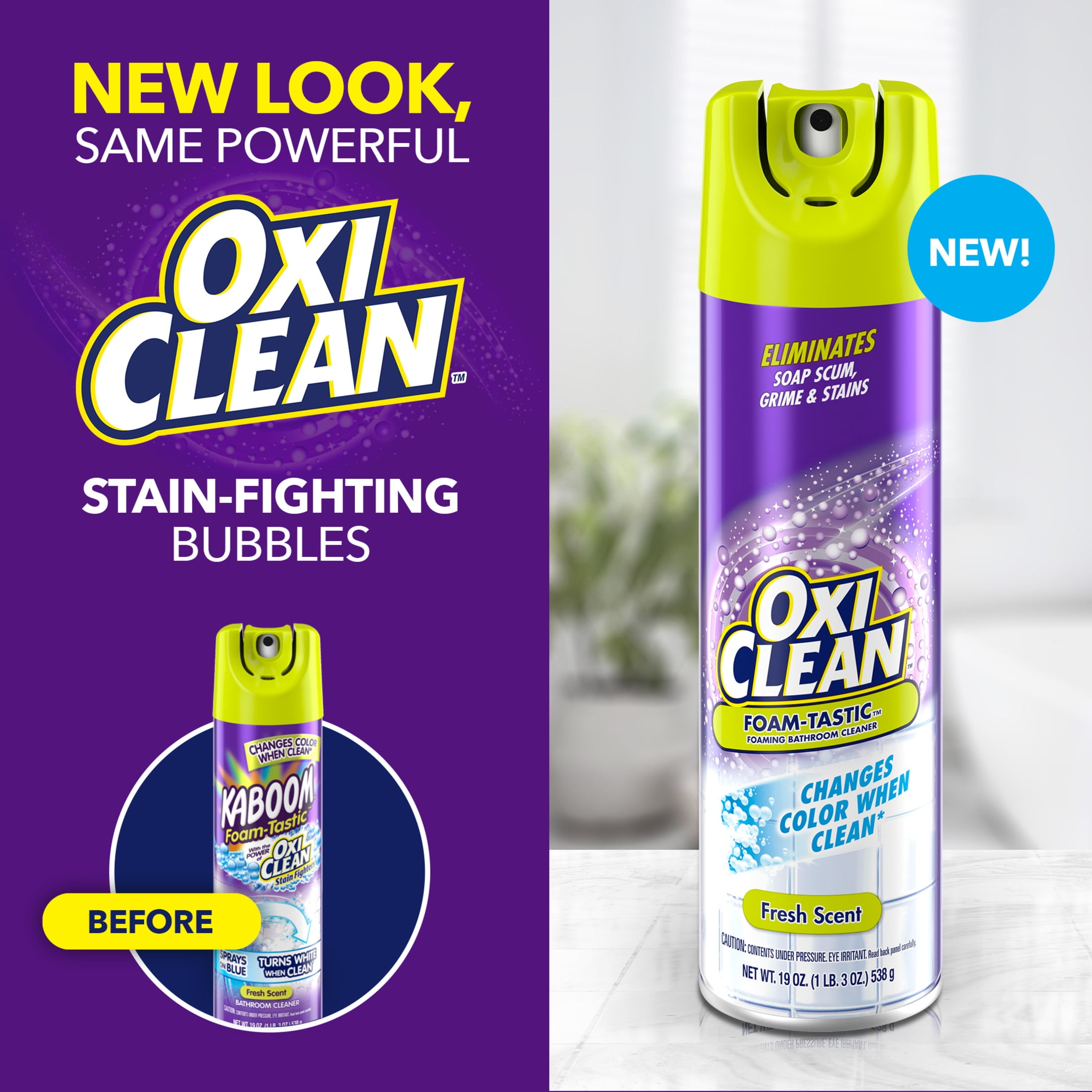 OxiClean Foam-Tastic Bathroom Cleaner, Color-Changing Foaming Action for Soap Scum and Grime (Fresh Scent, 19 oz) vab5l