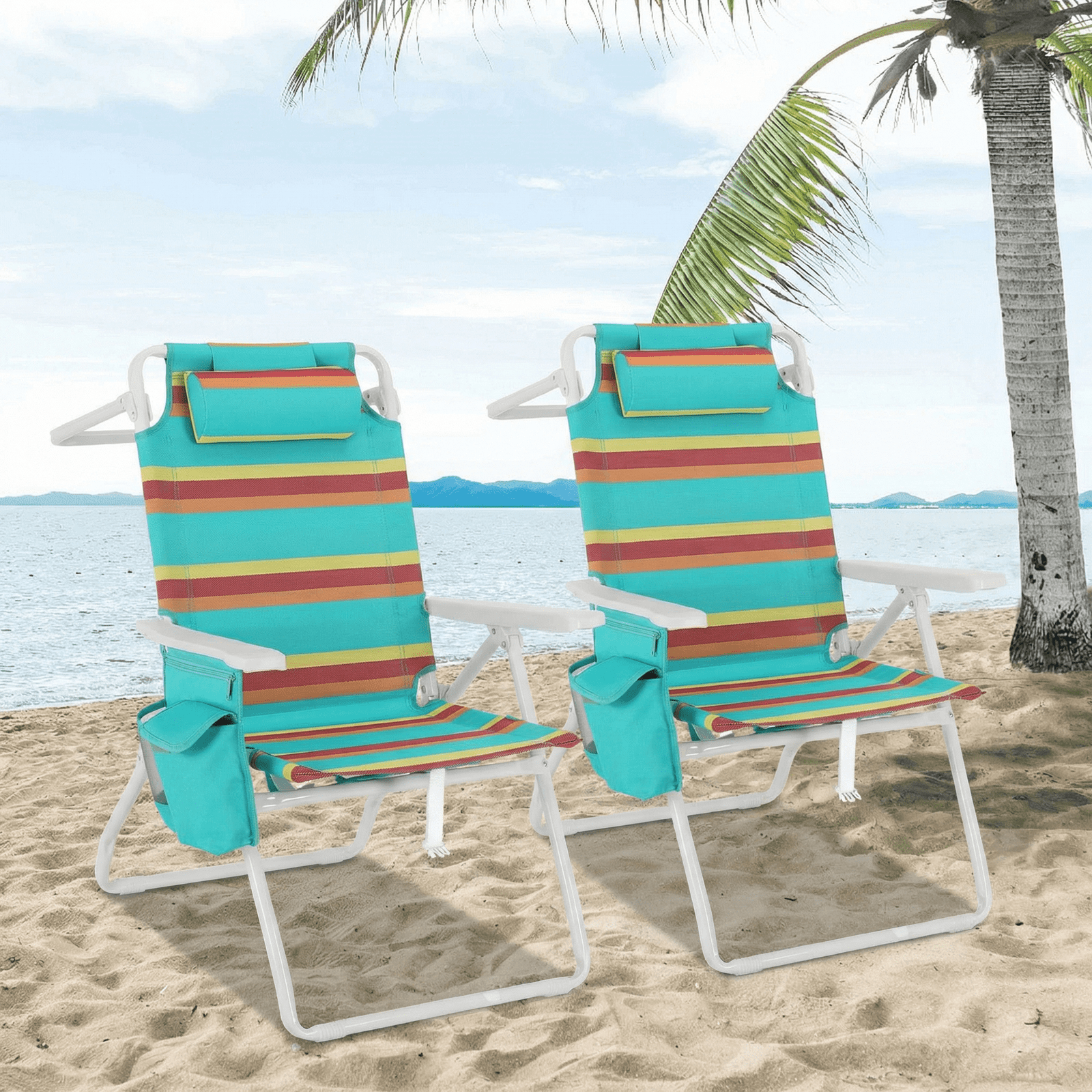 Pirecart Folding Backpack Beach Chairs with 5-Position Recline and Cooler Pouch (Multi-Color Stripes, Set of 2) 8sl2t