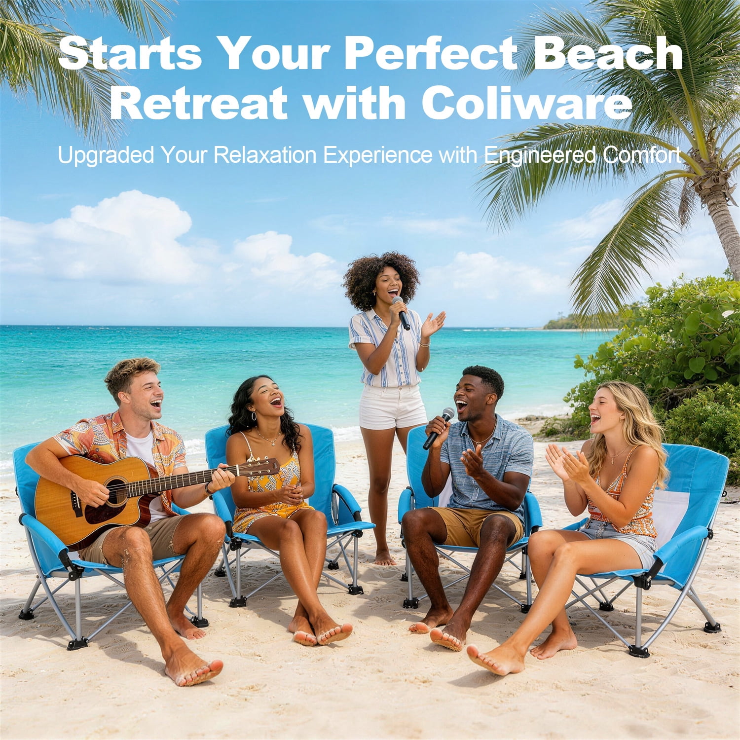 Coliware Folding Low Beach Chair, Portable Camping Chair with Side Cup Holder & Storage, Heavy Duty Outdoor Seat (Blue, 2-Pack) 3nugm