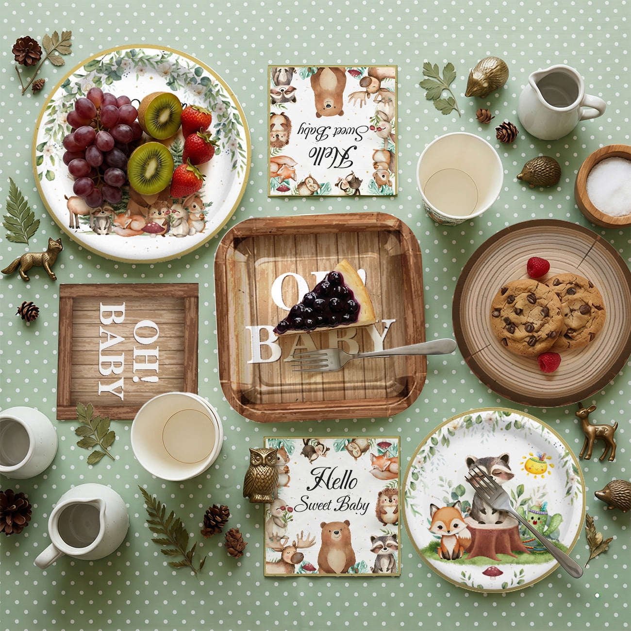 MULKUL Woodland Safari Animal Party Supplies Disposable Tableware Set (Sage Green and Gold, 96-Piece Set) 1bnjx