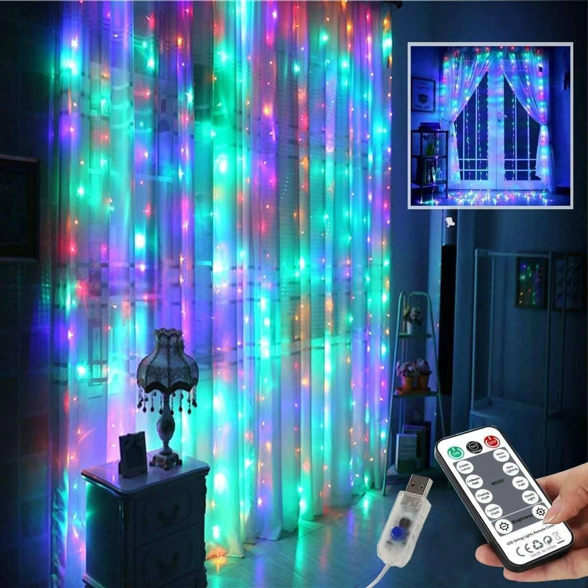 KLYNE 300 LED Curtain Fairy Lights USB Powered String Lights with Remote for Wedding Party Christmas (9.8 ft x 9.8 ft) dw3sm