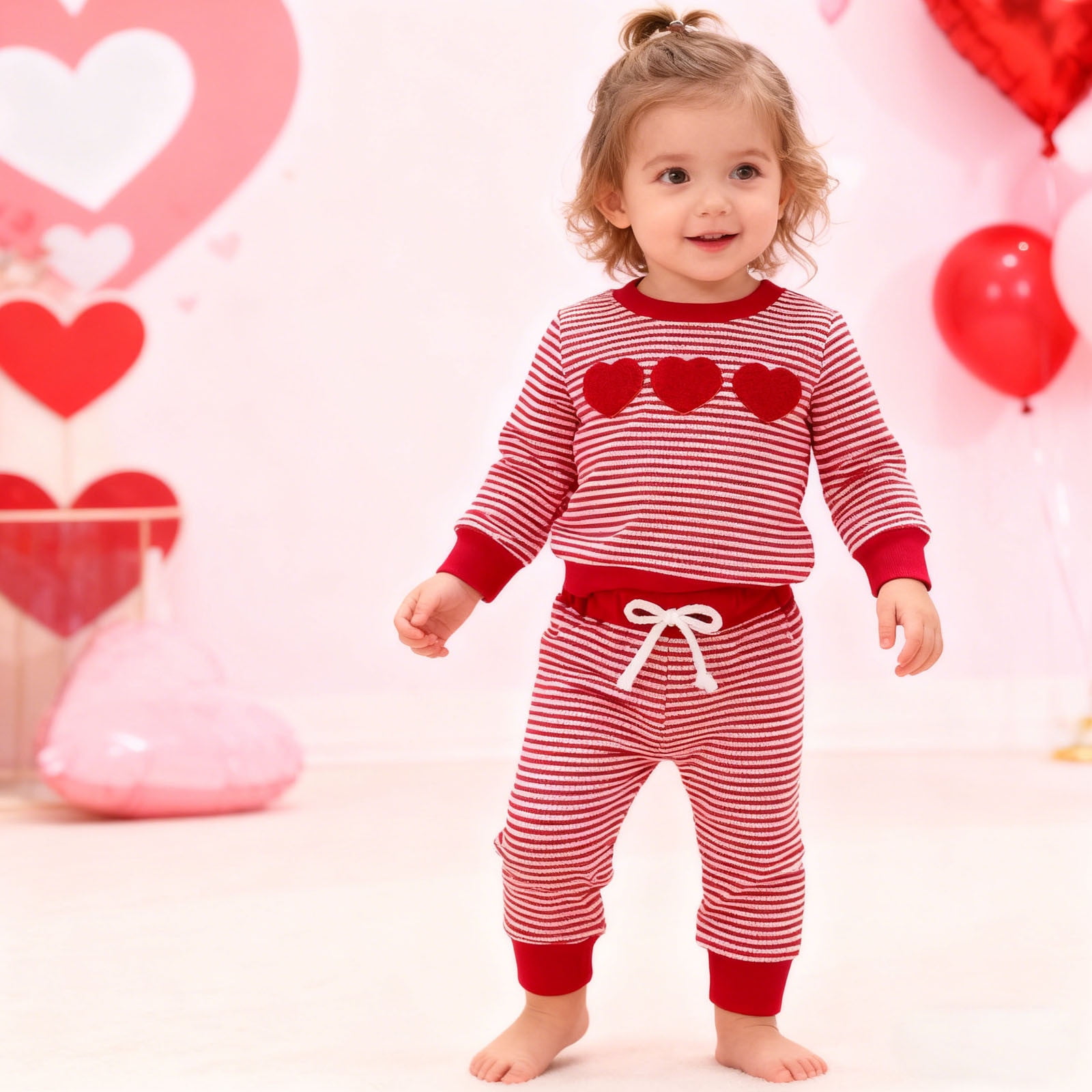 Gelikeya Toddler Girls Valentine's Day Heart Print Long Sleeve Sweatshirt and Pants Set (Red, 2-3 Years) af2xa