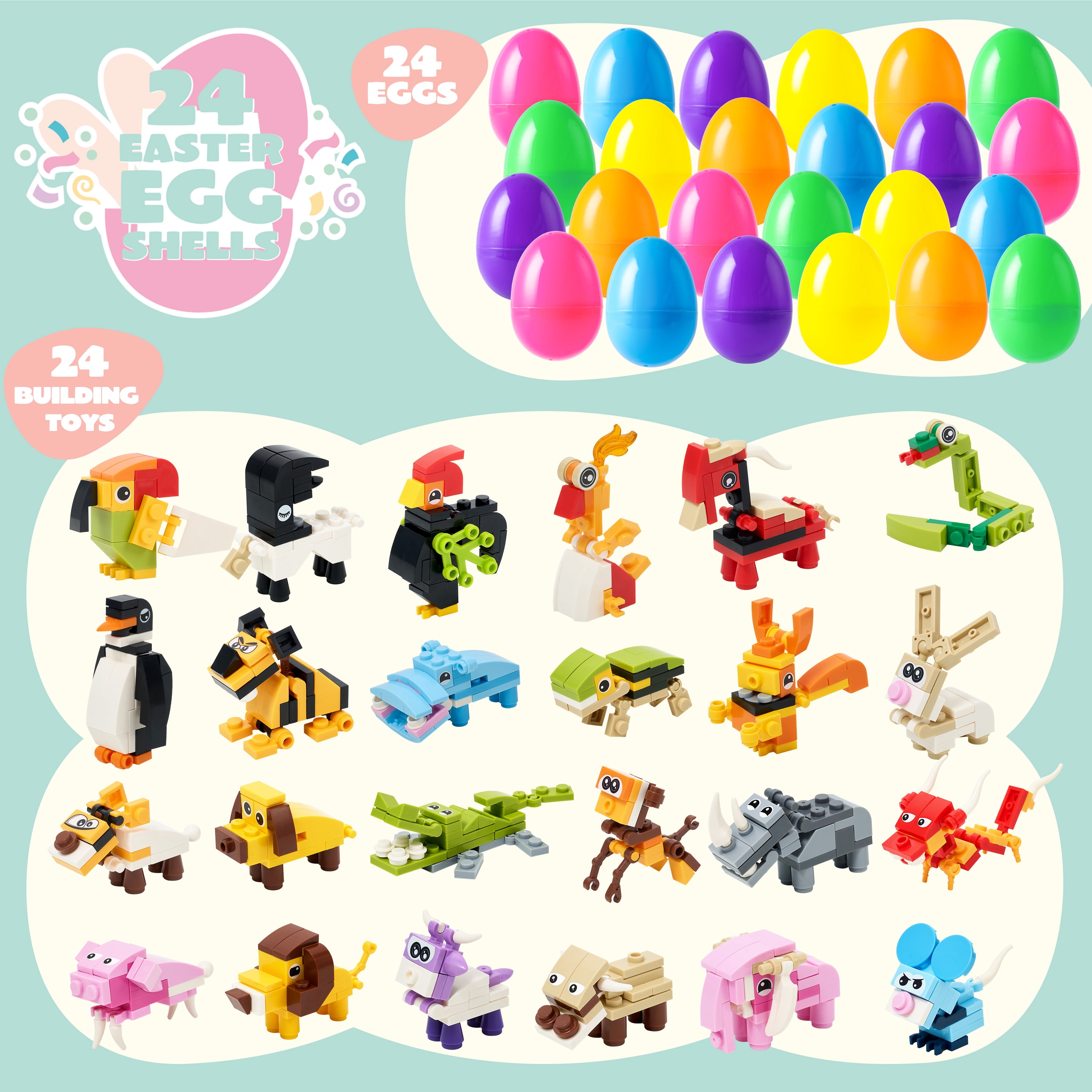 Joyfy Prefilled Easter Eggs with Animal Building Blocks, Educational STEM Toy Set for Kids (24 Pack, 3.23 in) ca78t