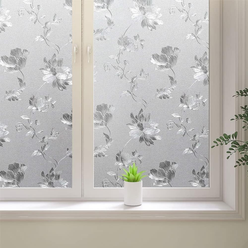 BSHAPPLUS Window Privacy Film, Frosted Glass Decorative Static Cling, UV Blocking Floral Pattern (White, 17.7 in x 78.7 in) n59s6