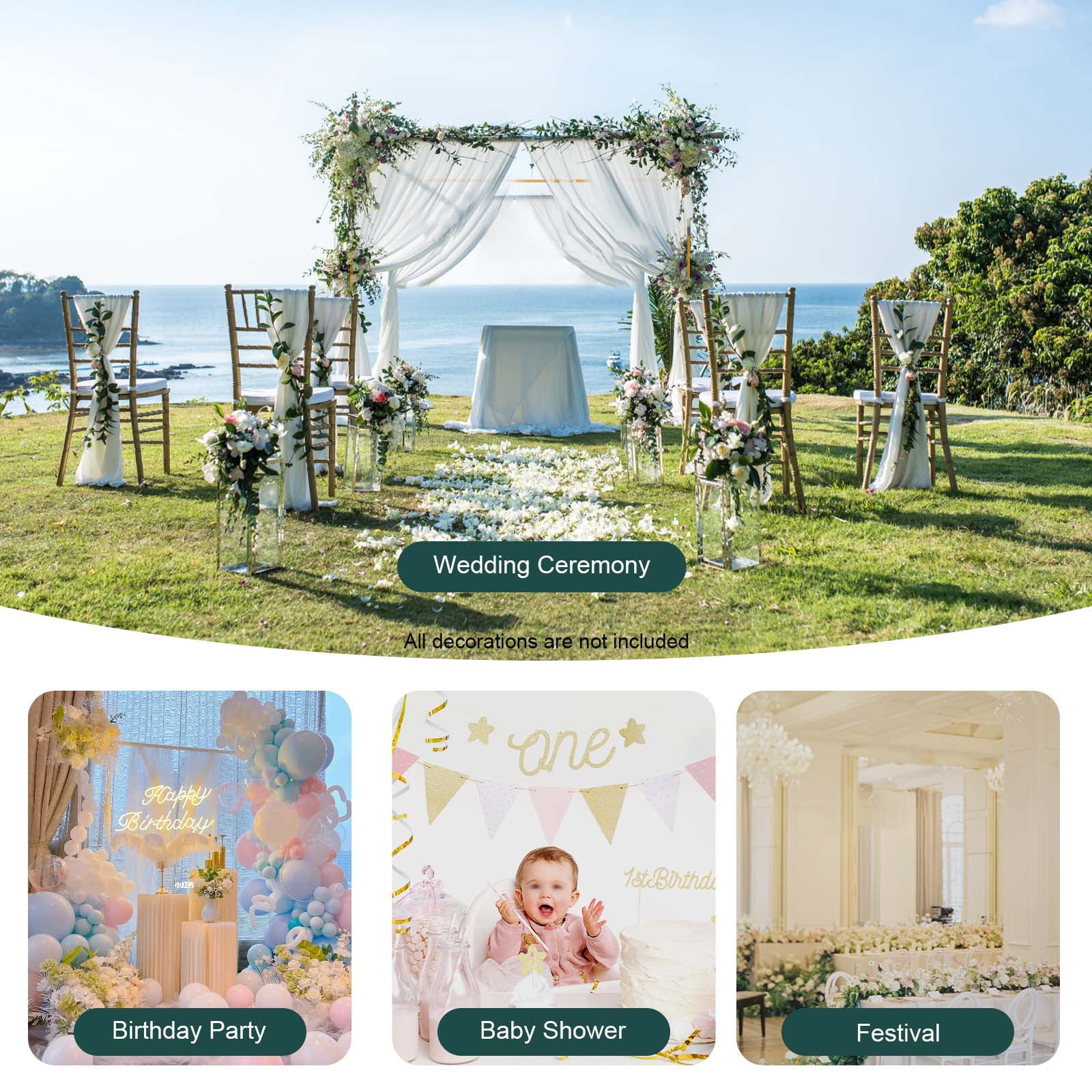 YIYIBYUS Wedding Arch Backdrop Stand, Heavy-Duty Adjustable Square Metal Frame for Ceremony and Party Decor (Gold, 9.8x9.8 ft) a763a