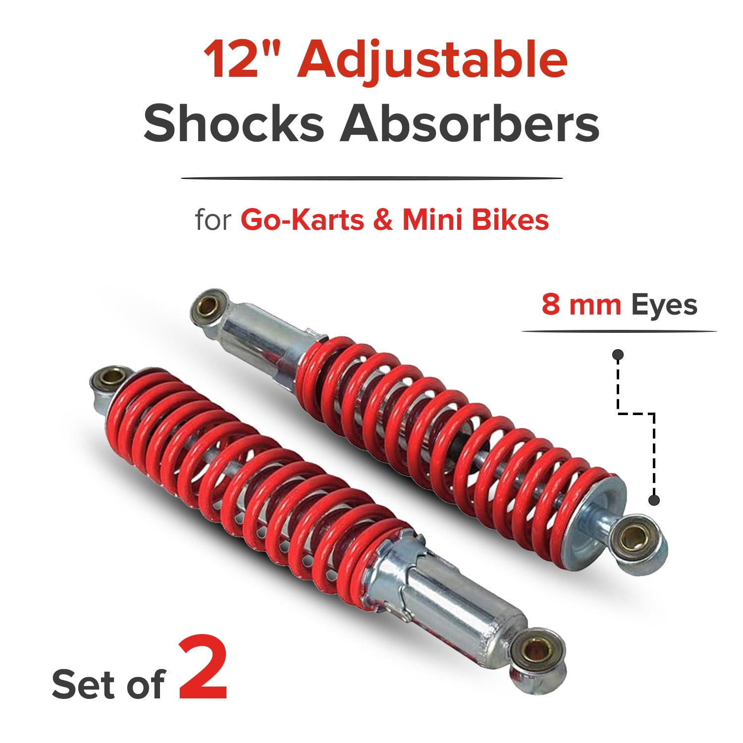 AlveyTech Adjustable Suspension Shock Absorber for Go-Karts and Mini Bikes (Red, 12 in, Set of 2) 31jnj