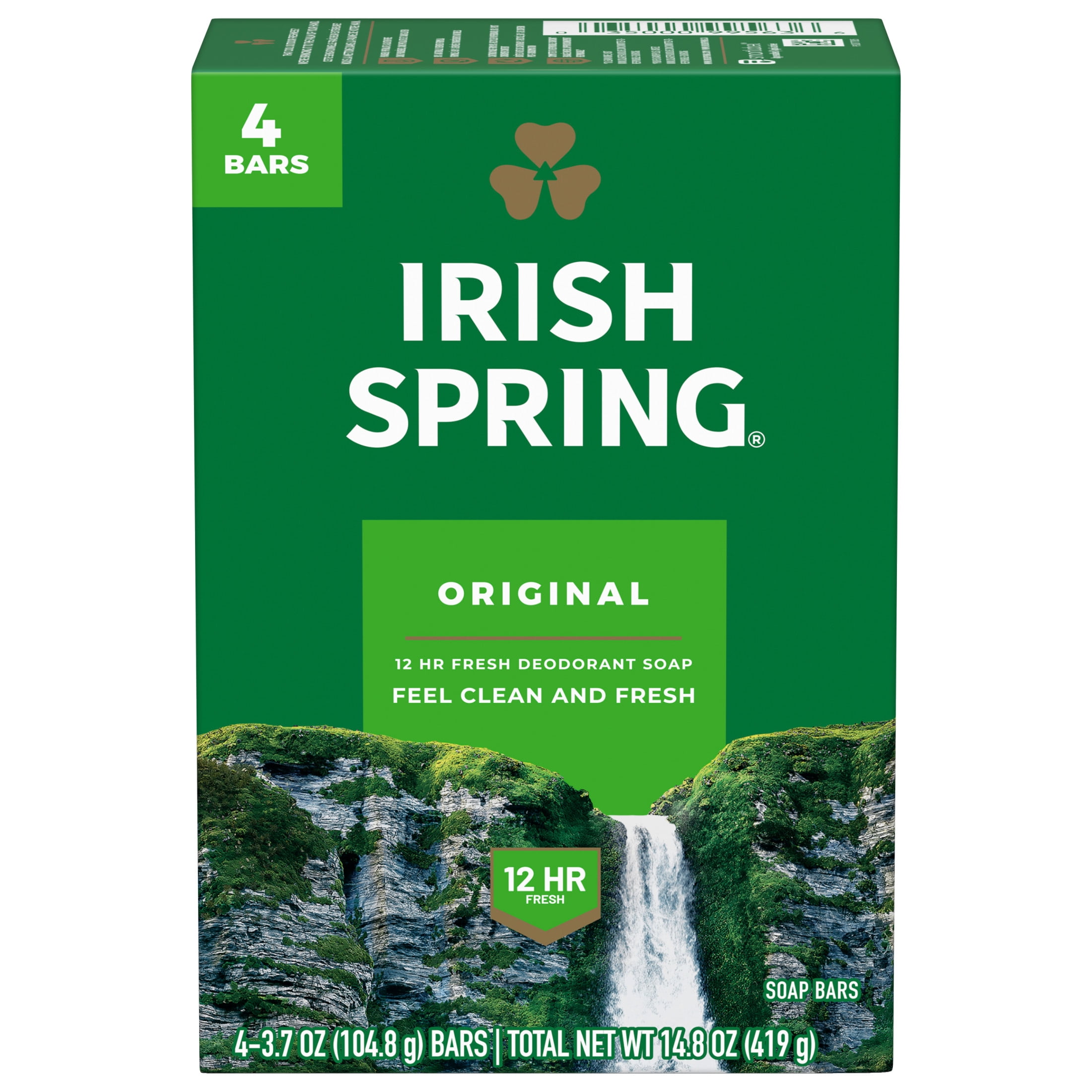Irish Spring Original Deodorant Bar Soap for Men, Deep Cleaning Formula with Flaxseed Oil (Green, 4 Pack of 3.7 oz Bars) 4h2vz