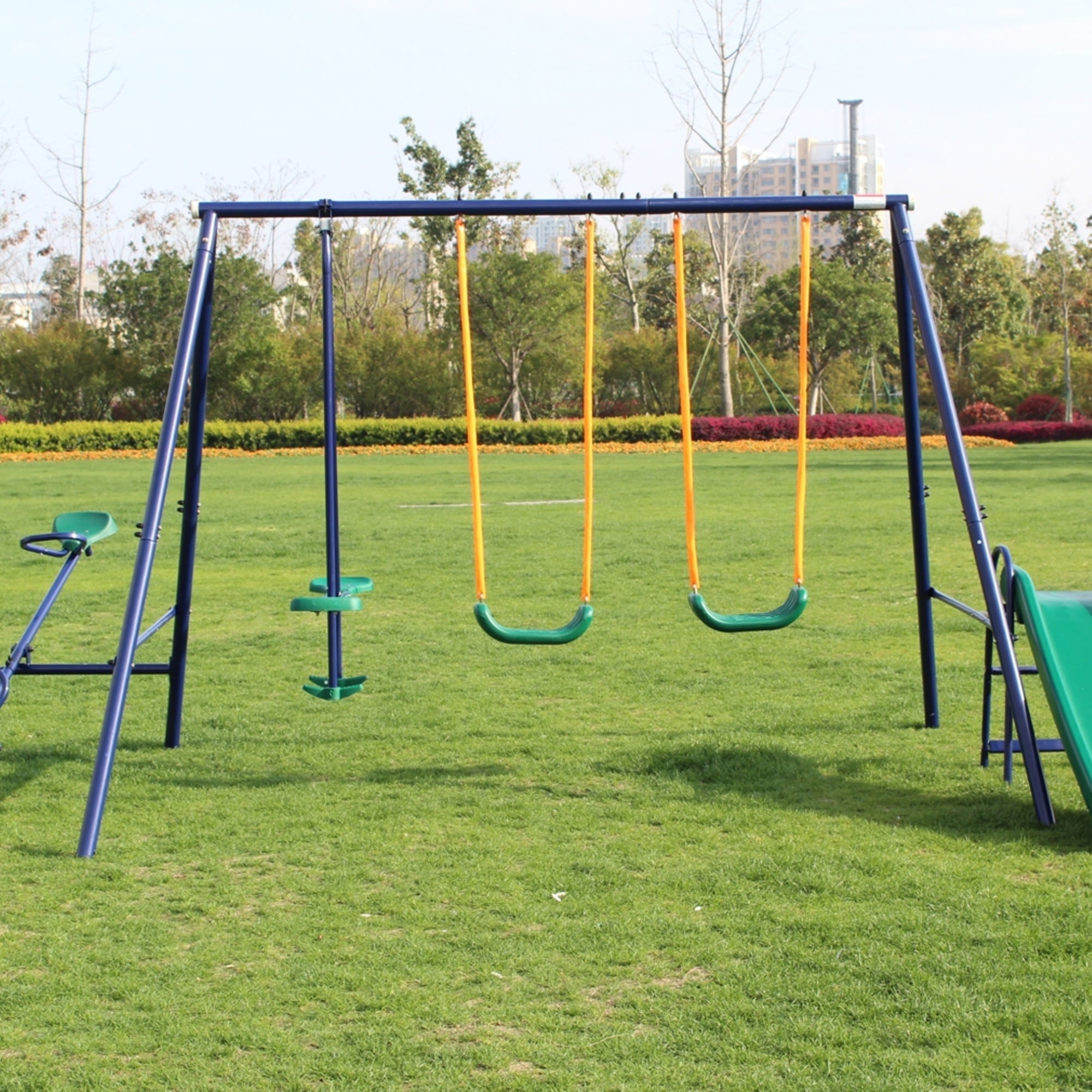 SHINPT 5-in-1 Kids Outdoor Swing Set, Backyard Playground with Slide and 4 Swings (Blue) 23q0v