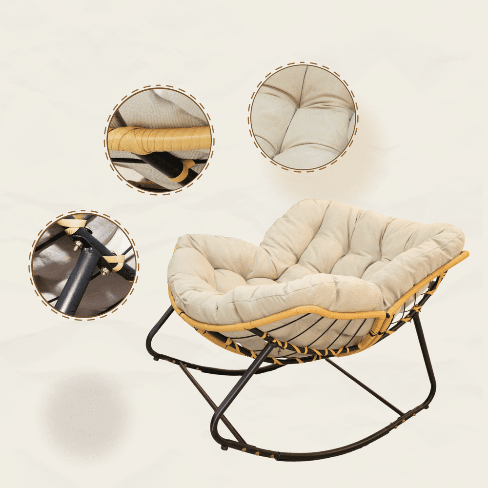 LUMAMIN Oversized Round Glider Rocker Chair, Indoor and Outdoor Rattan Wicker Accent Chair for Living Room and Patio (Beige) o12kz