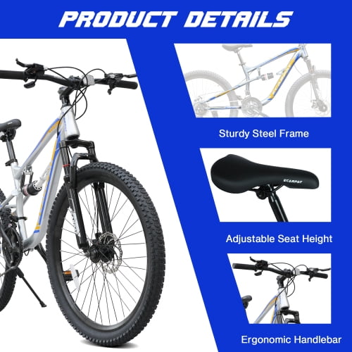 Harmie Mountain Bike Full Suspension 21-Speed Steel Frame Disc Brakes (Blue, 26 in) mz6qy