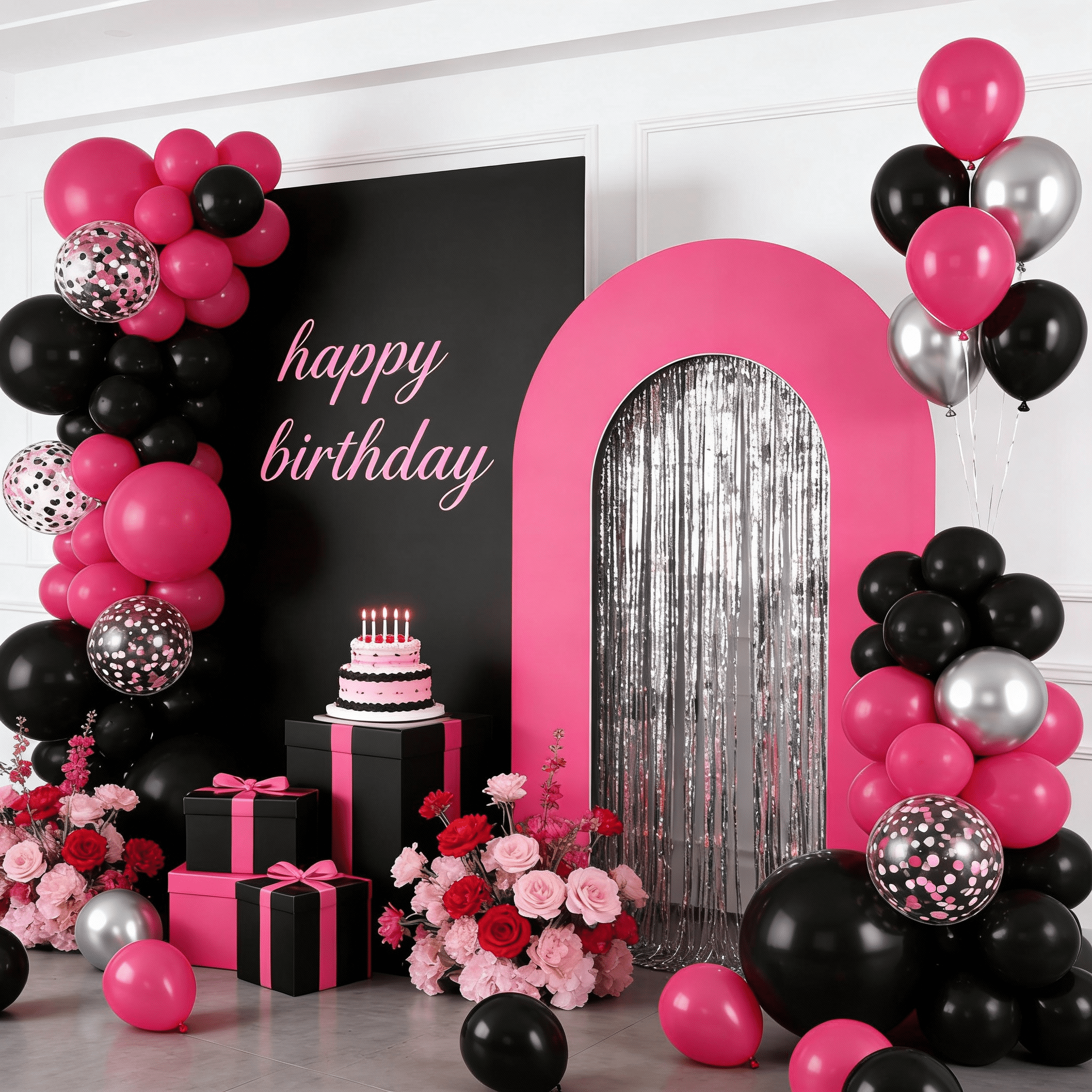 Qiameng 50-Piece Balloon Arch Kit for Party Decorations (Hot Pink, Black, Metallic Silver, 12 in) 6b1gq