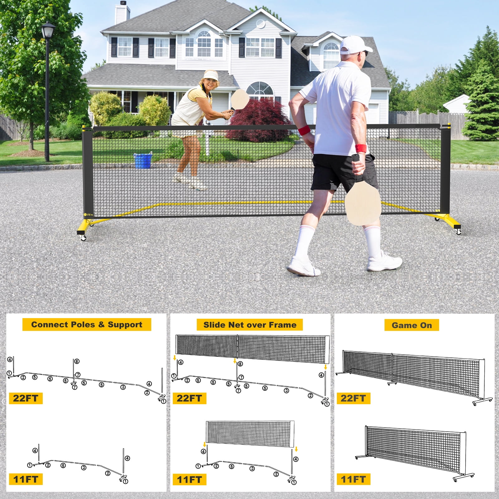 GIKPAL Portable Pickleball Net System with Wheels, Adjustable 22 ft and 11 ft Width (Yellow, 22 ft) 0638z