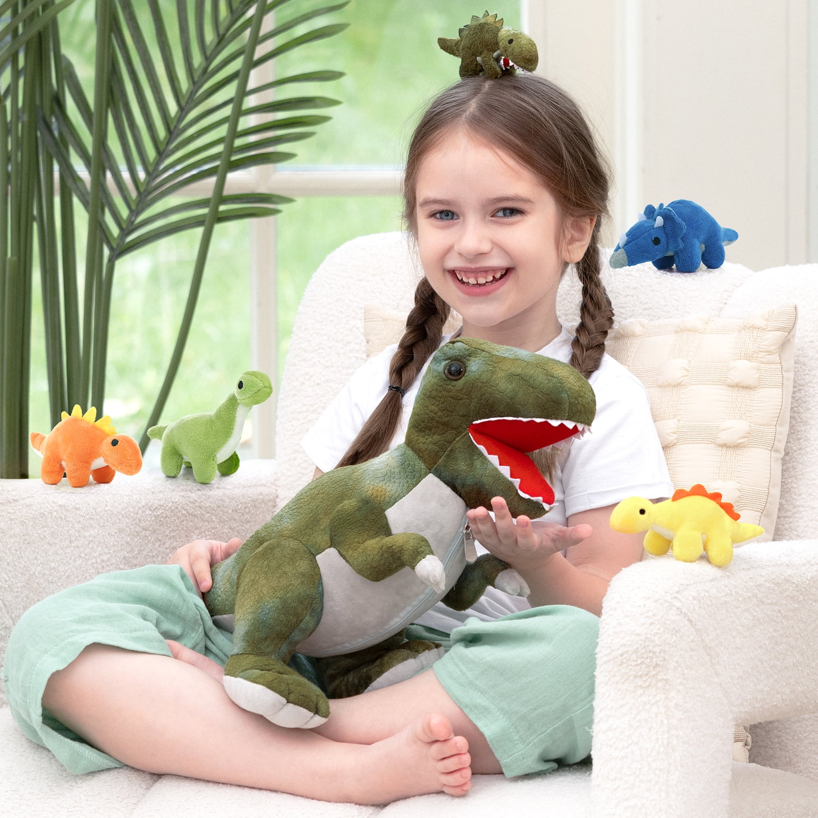 MaoGoLan Giant Stuffed Dinosaur Plush Toy Set with 5 Baby Dinosaurs (Green, 19.6 in) 6xrpu