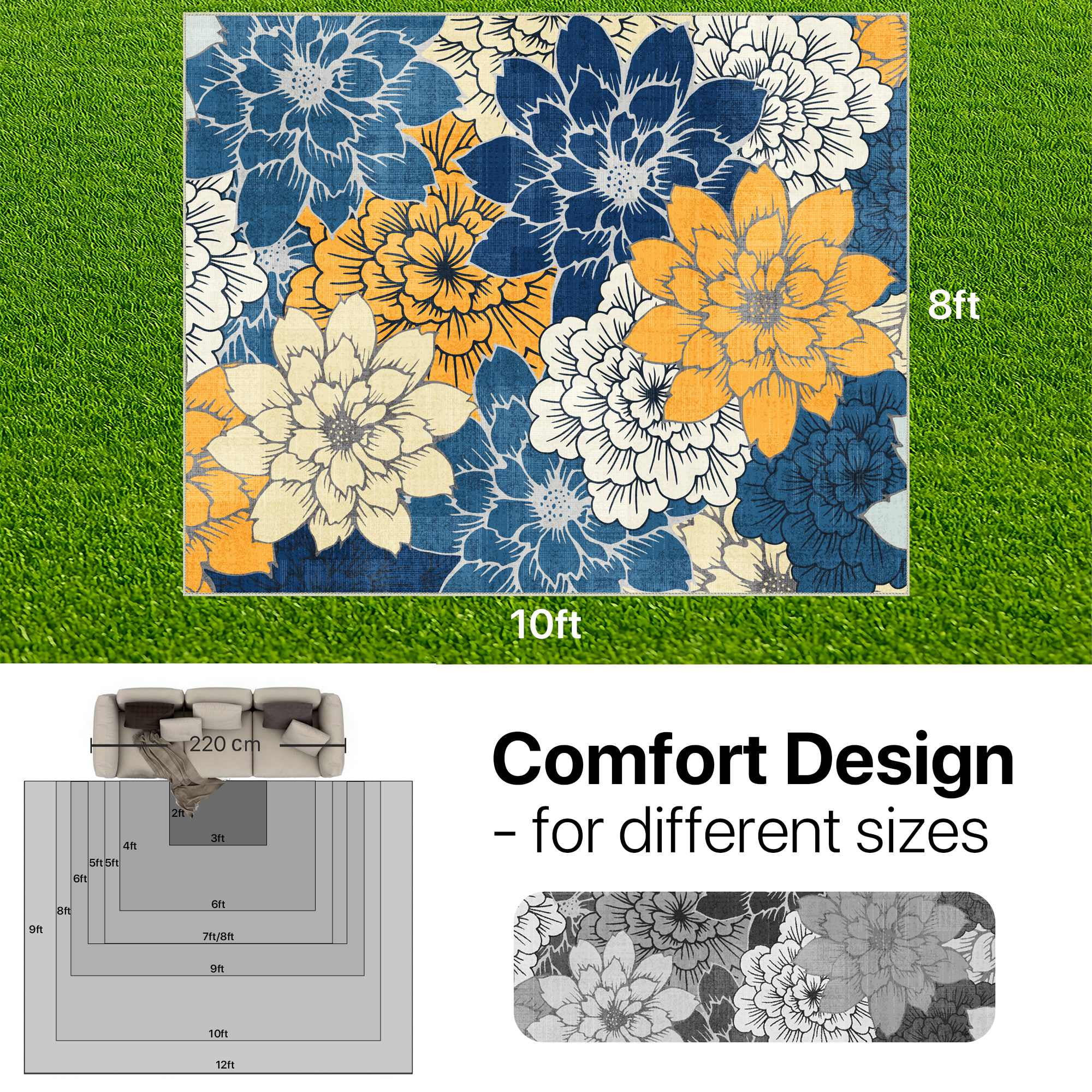 DEORAB Outdoor Rug Chenille Patio Carpet, Non-Slip Waterproof RV Mat for Camping and Garden (Blue, 8 ft x 10 ft) yyw38