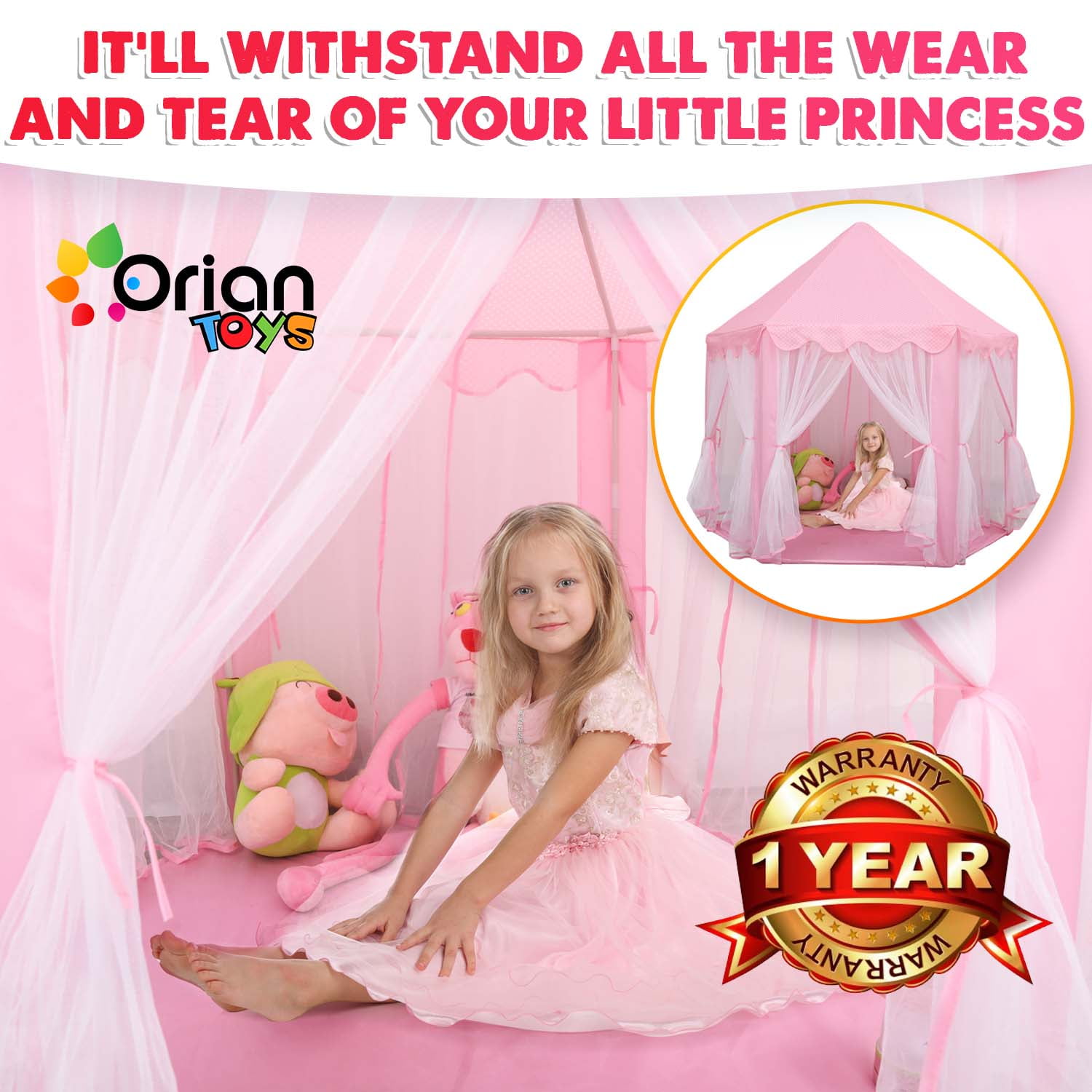 ORIAN TOYS Princess Castle Playhouse Tent with LED Star Lights, Indoor & Outdoor Kids Play Tent (Pink, 55 in x 53 in) qufwh