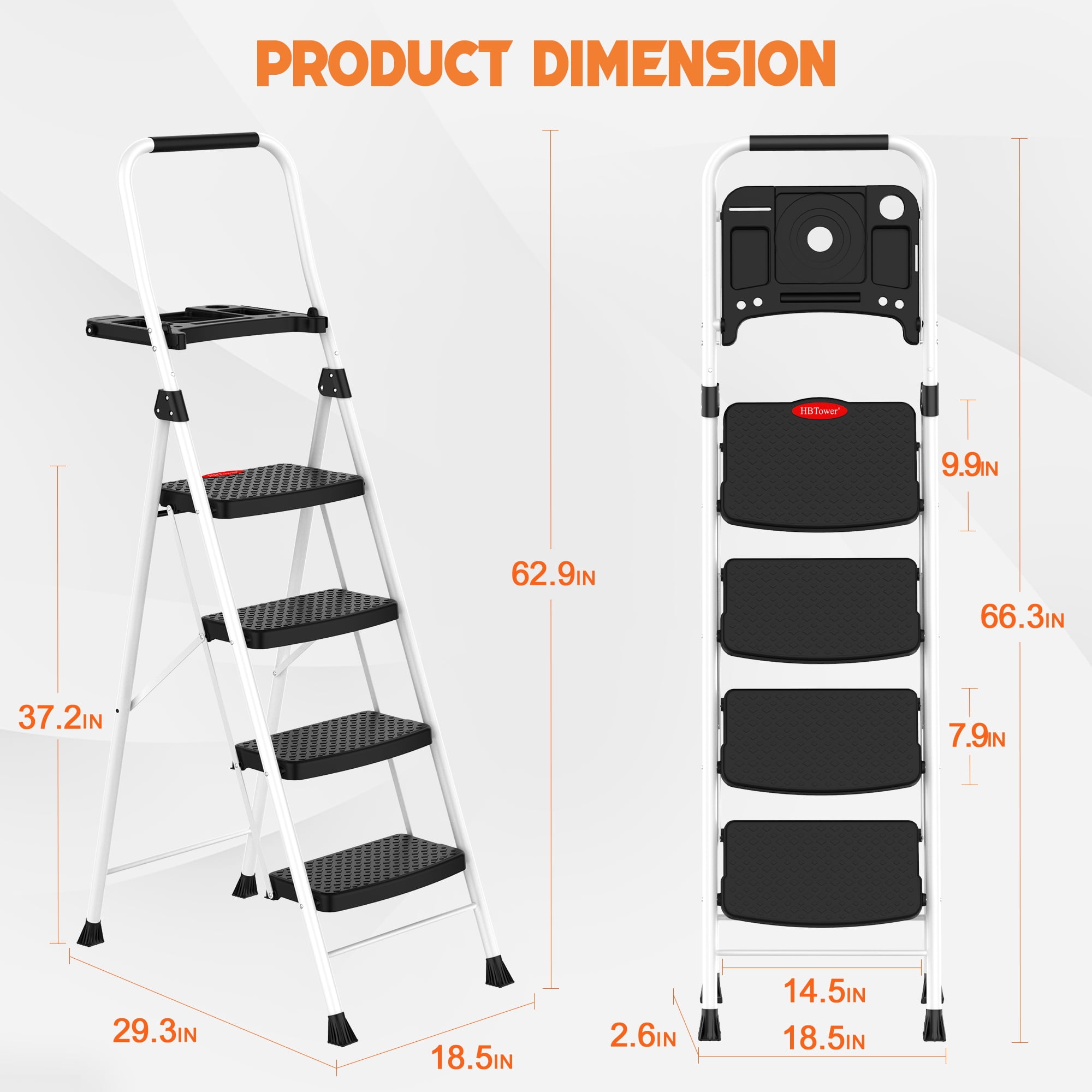 HBTower 4-Step Folding Ladder with Tool Tray and Anti-Slip Pedals (White, 330 lb Capacity) uzmnt