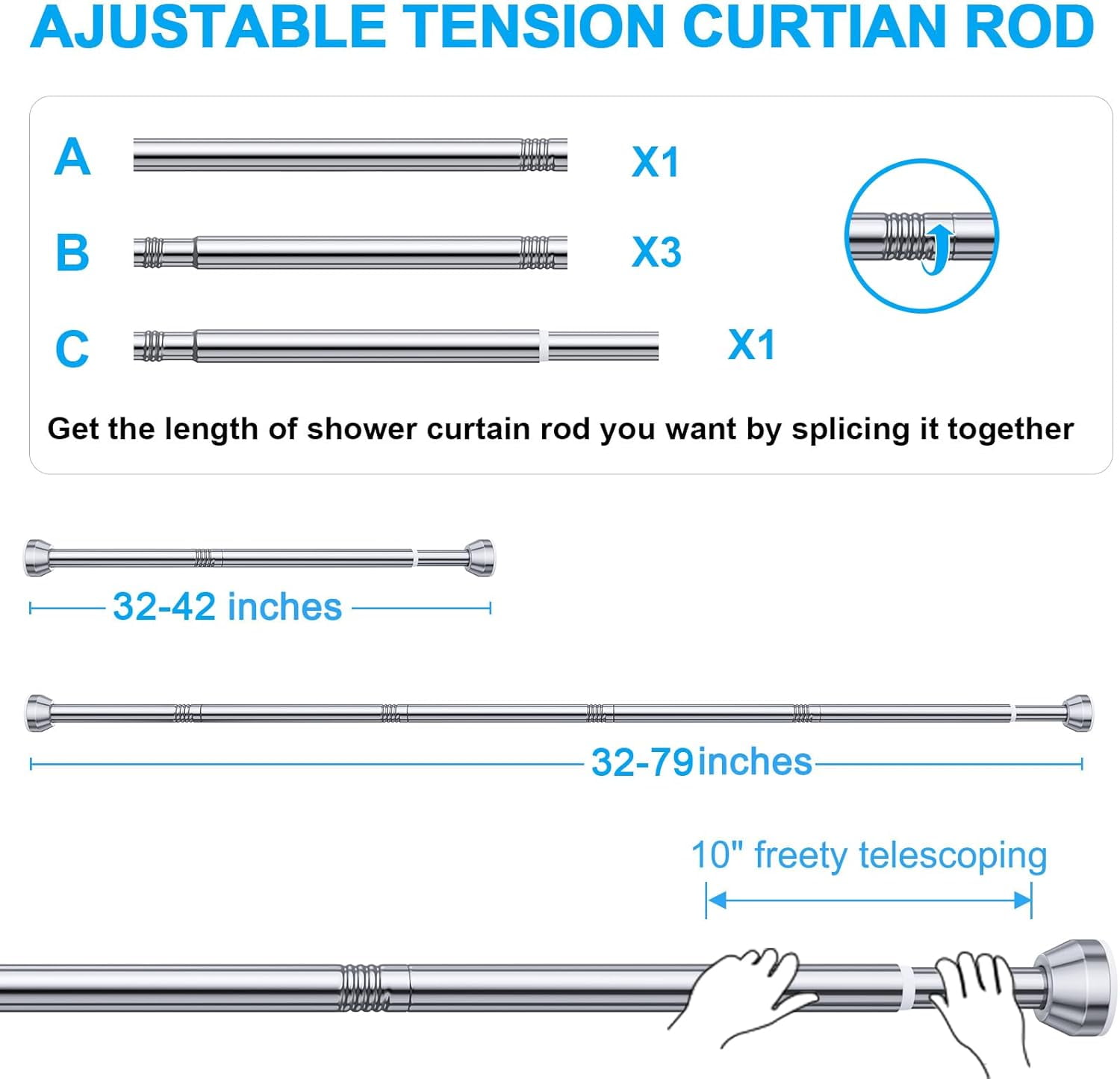 TITGIPE Adjustable Shower Curtain Rod, Stainless Steel Rust-Resistant Spring Tension Rod for Bathroom (Silver, 27-76 in) kb49g