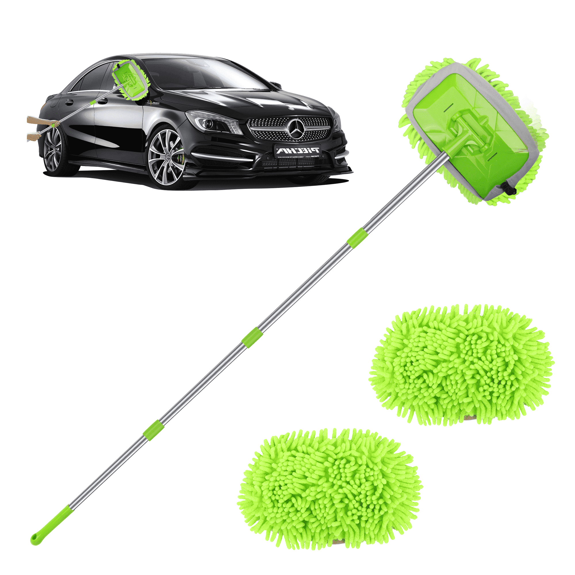 AOMBOO Car Wash Mop Kit with Long Reach Handle and Microfiber Heads (Green, 62 in) cjpsx