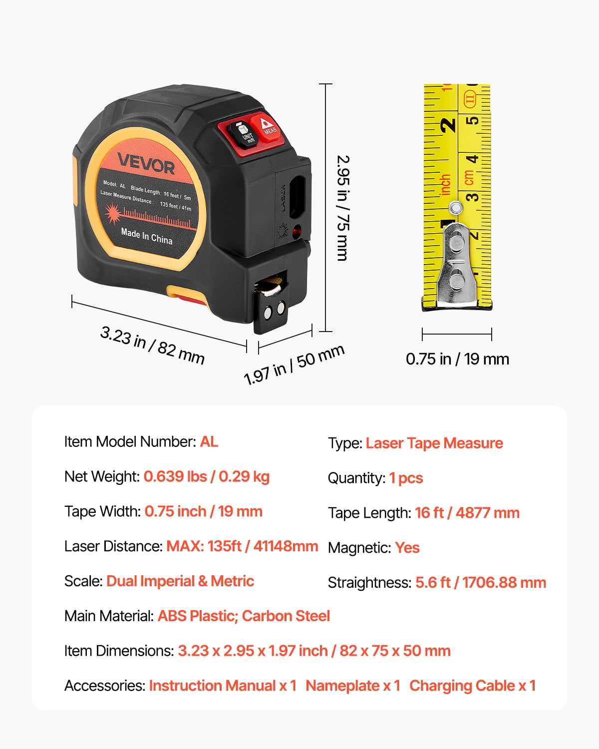 VEVOR 2-in-1 Laser Tape Measure, 135 ft Laser Distance Tool & 16 ft Magnetic Measuring Tape (Black, 135 ft) dl48z