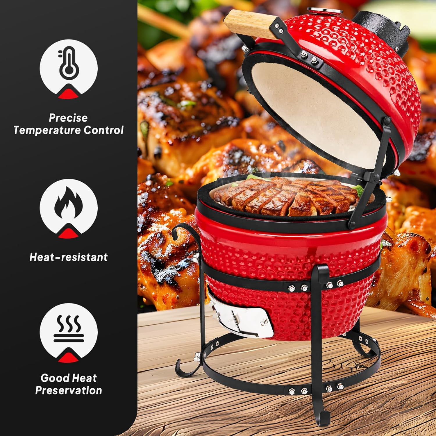 RovSun 13 in Ceramic Charcoal Grill, Portable Kamado BBQ Smoker for Outdoor Cooking (Red, 13 in) qgv4x