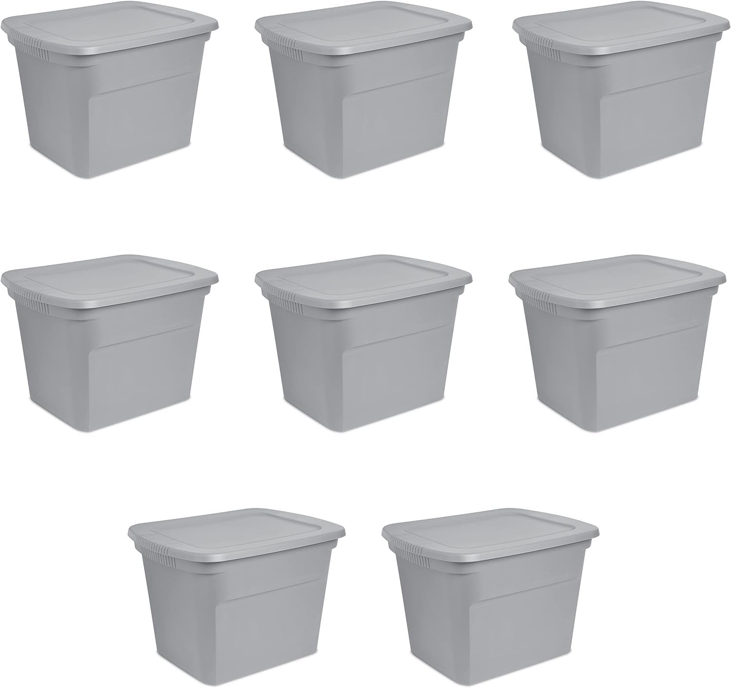 Sterilite 18 Gal Storage Tote, Stackable Plastic Bin with Lid for Closet and Basement Organization (Gray, 8-Pack) 2kns6