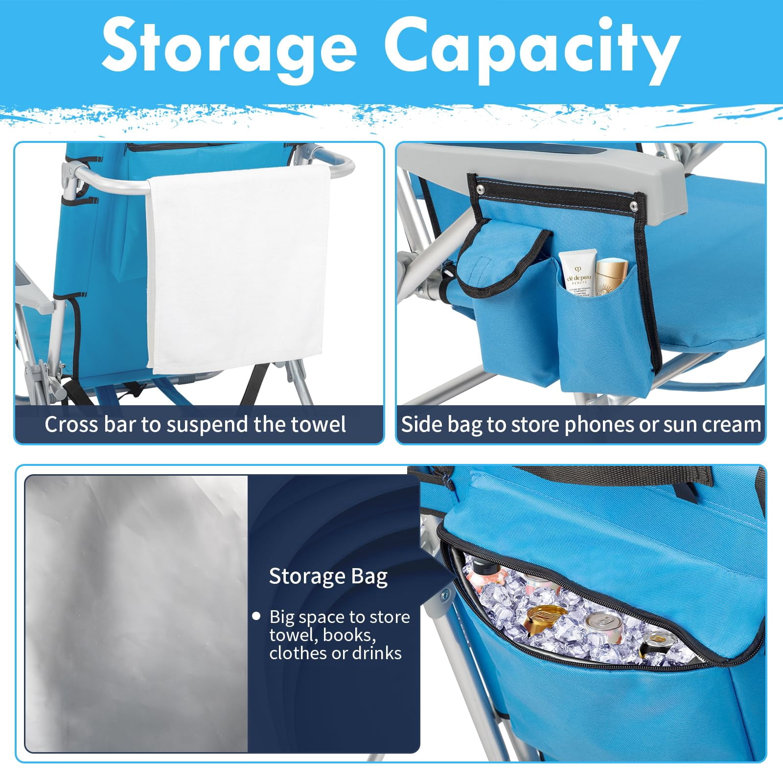 Geemuslly Folding Backpack Beach Chair, 5-Position Recline Portable Aluminum Lounge Chair with Storage Pockets and Cup Holder (Blue, 330 lb Capacity) 3vg68