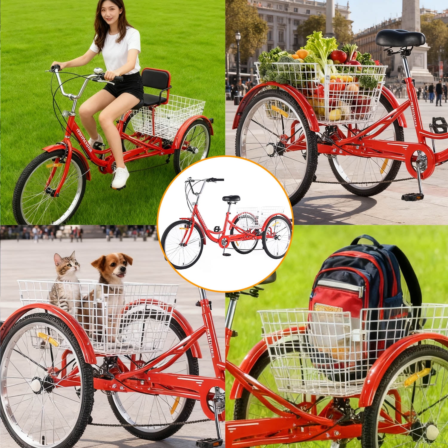 MENGFANMIN 7-Speed Adult Tricycle, 24-inch 3-Wheel Bike with Rear Basket (Red, 550 lb Capacity) q84ci