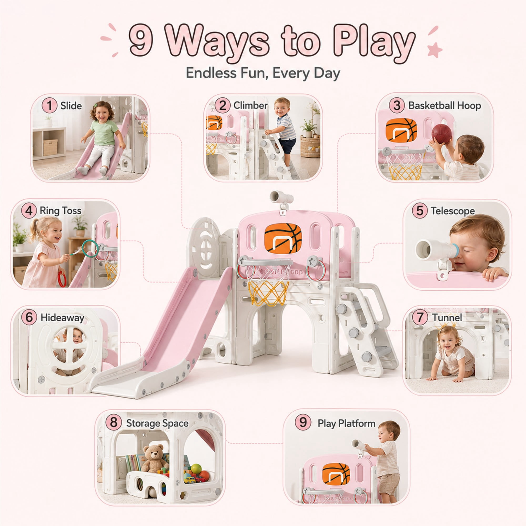 DKMOCO 9-in-1 Toddler Slide and Climber Playset with Basketball Hoop and Ring Toss (Pink, 59.8 in x 53.5 in x 36.2 in) p14il