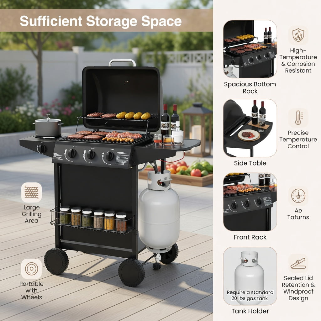 Kadyn 39,000 BTU Heavy-Duty Propane Gas Grill with Side Burner (Black, 4-Burner) dw8l6