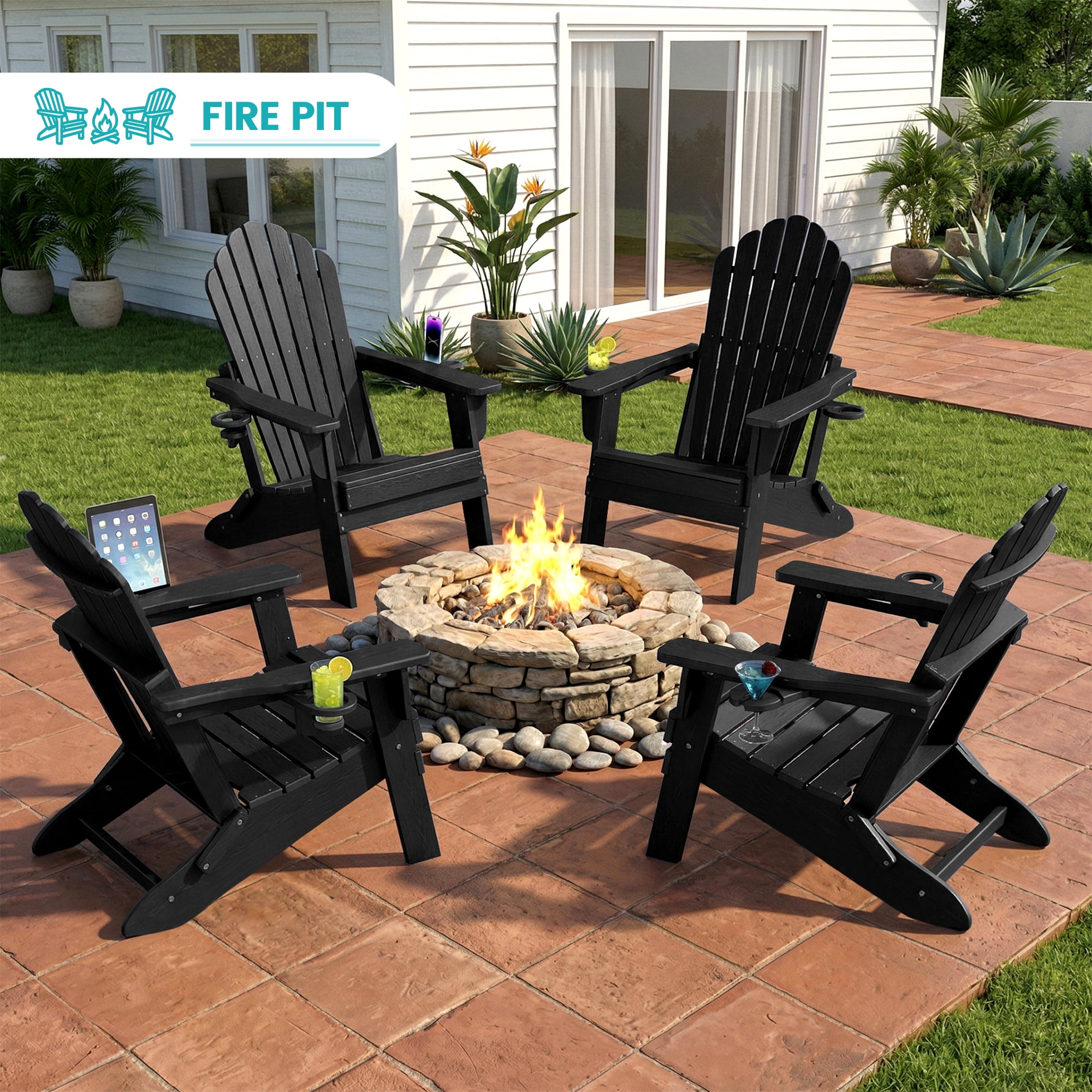 Cobiod Outdoor Adirondack Chair, Foldable Lawn Chair with Dual Cup Holders, Weather Resistant High Back (Black, 33 in Backrest) lp9tx