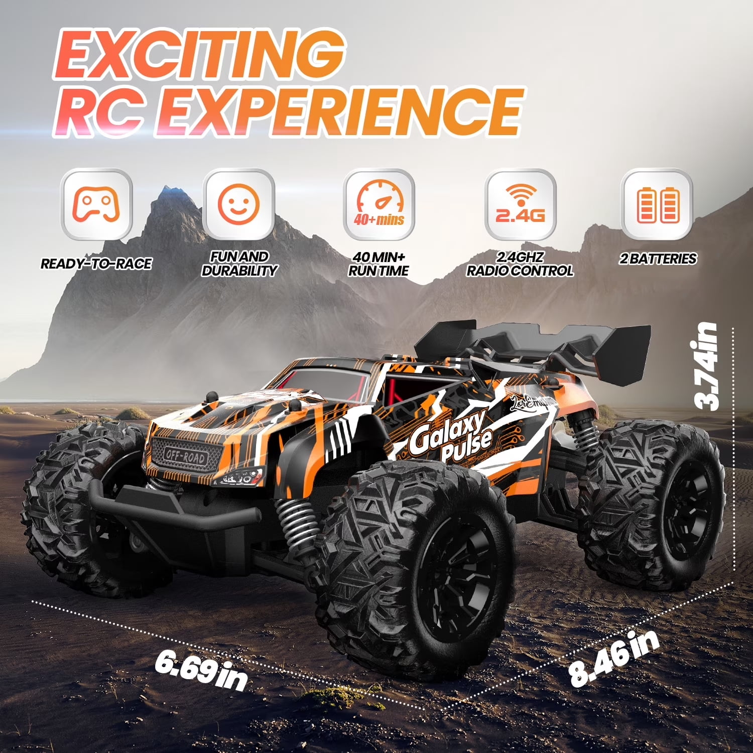 JoyStone Remote Control Monster Truck, All-Terrain 2.4GHz RC Car with 2 Rechargeable Batteries (Black & Orange, 1:18 Scale) ejmuy