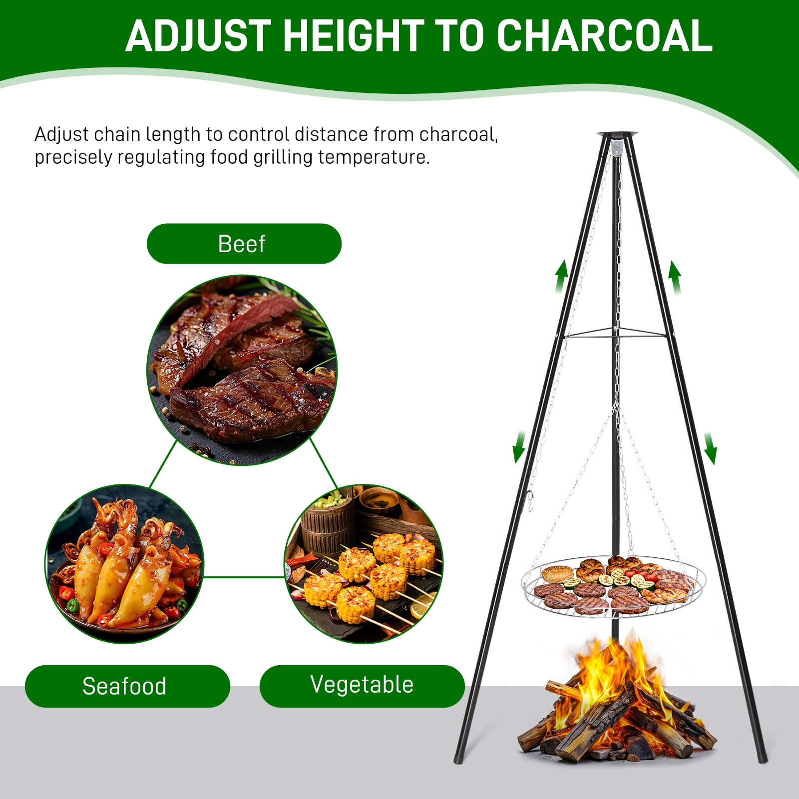 Zimtown Campfire Tripod Grill Swing Cooking Set with Adjustable Rack (Silver) lwovv