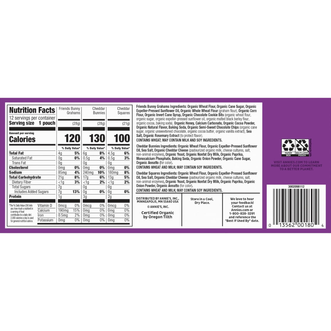 Annie's Organic Variety Snack Pack, Cheddar Bunnies, Bunny Grahams and Cheddar Squares (12 Count, 11 oz) pknp0