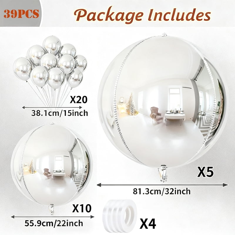 ChanraingYee 4D Round Mirror Foil Balloons, Metallic Silver Mylar Party Decorations (39-Piece Set, 15 in to 32 in) 12zvi