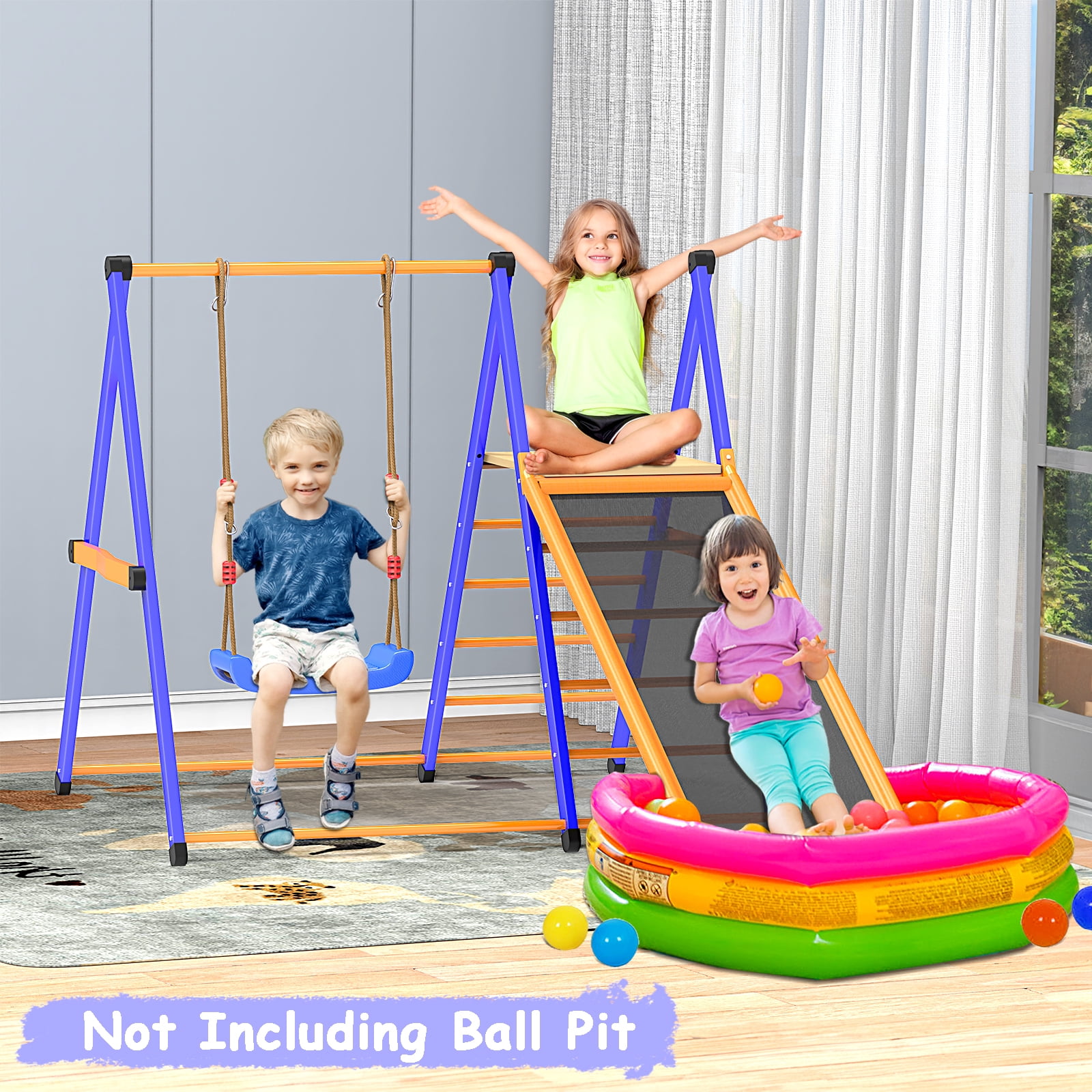 XIEWEI 4-in-1 Indoor Jungle Gym Playset with Swing and Slide, Durable Metal Climber for Kids (Blue, 400 lb Capacity) 39wmj