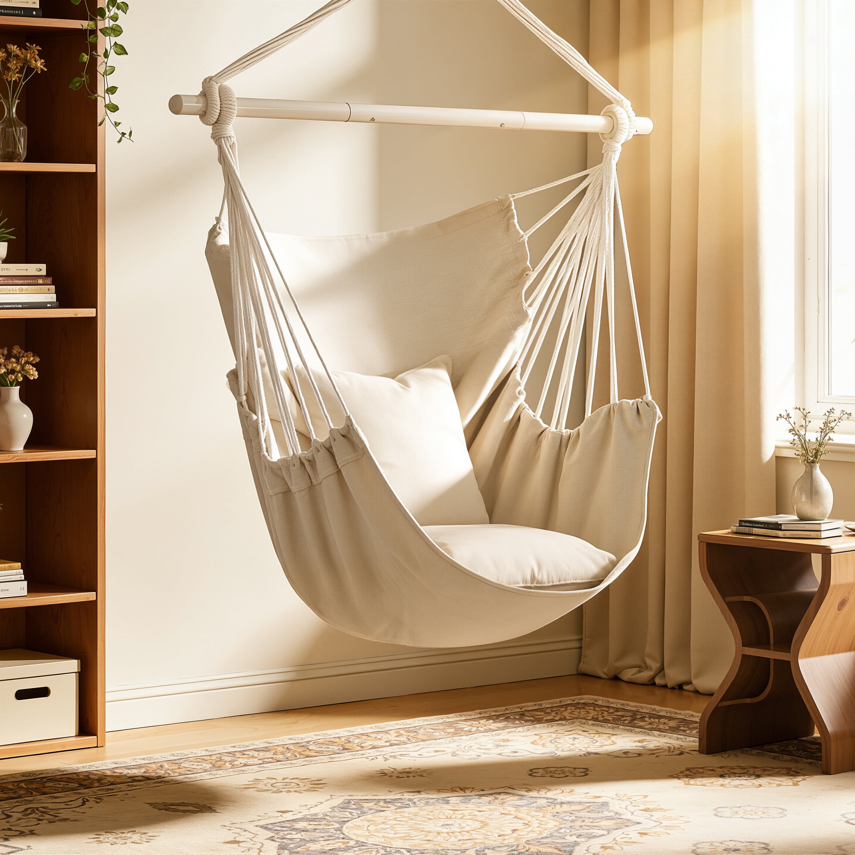 Segmart Large Hammock Chair Swing with Detachable Metal Support Bar and Two Cushions (Beige, 39 in x 47 in) vaj8j