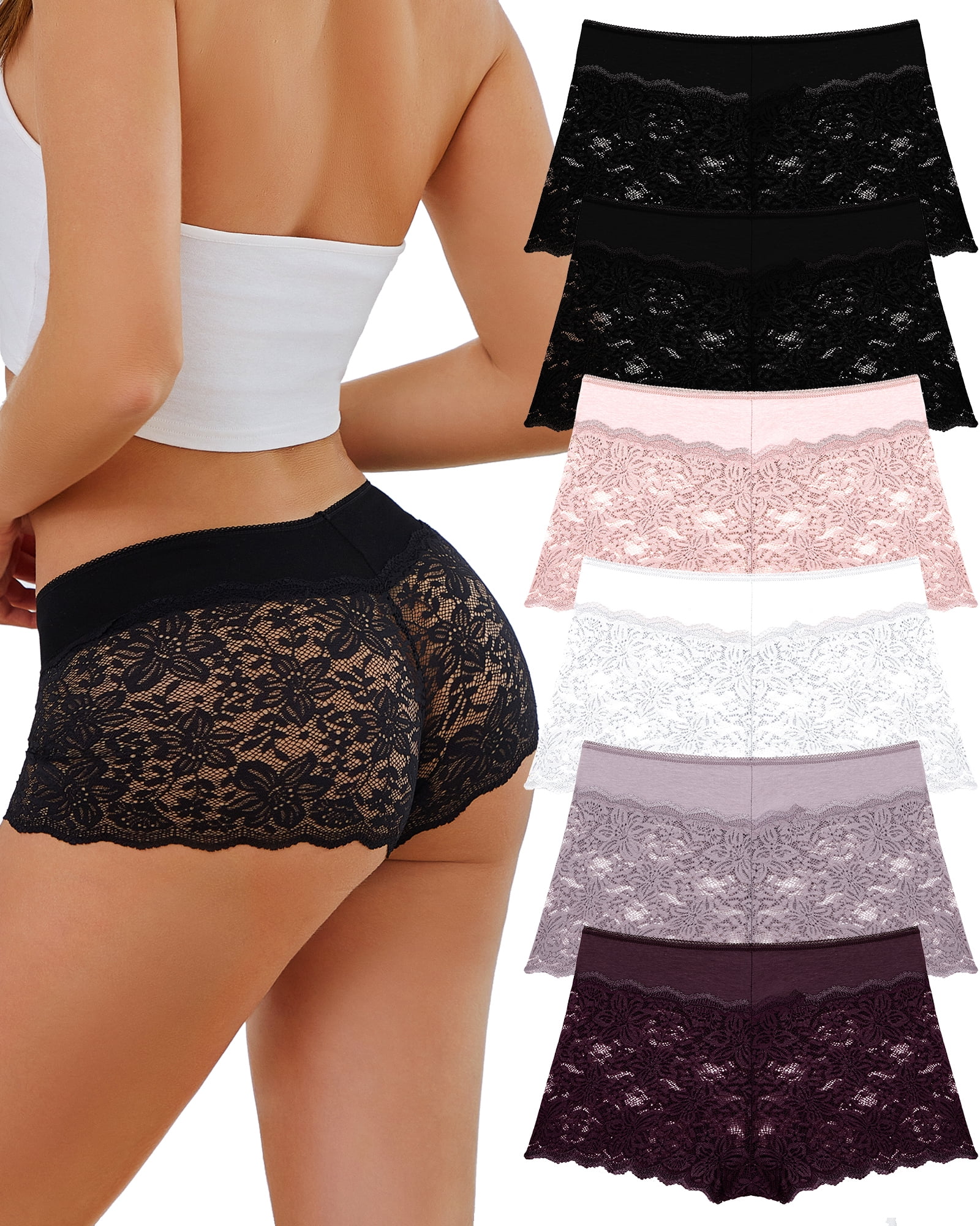 Finetoo Women's Lace Boyshort Panties Breathable Floral Embroidery Cheeky Underwear (Assorted Colors, 6 Pack) i8pwe