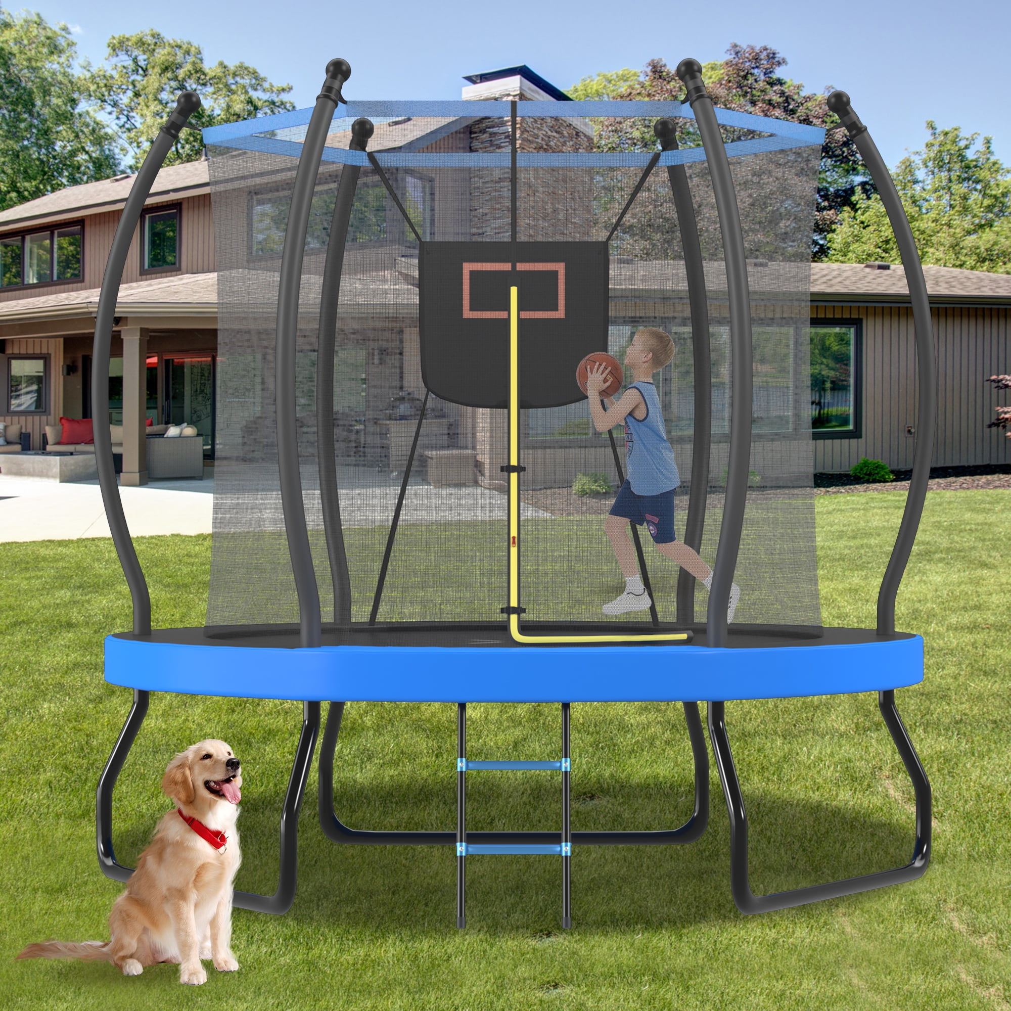 Segmart 8 ft Round Recreational Trampoline with Enclosure, Basketball Hoop, and Ladder (Blue, 8 ft) lm2w9
