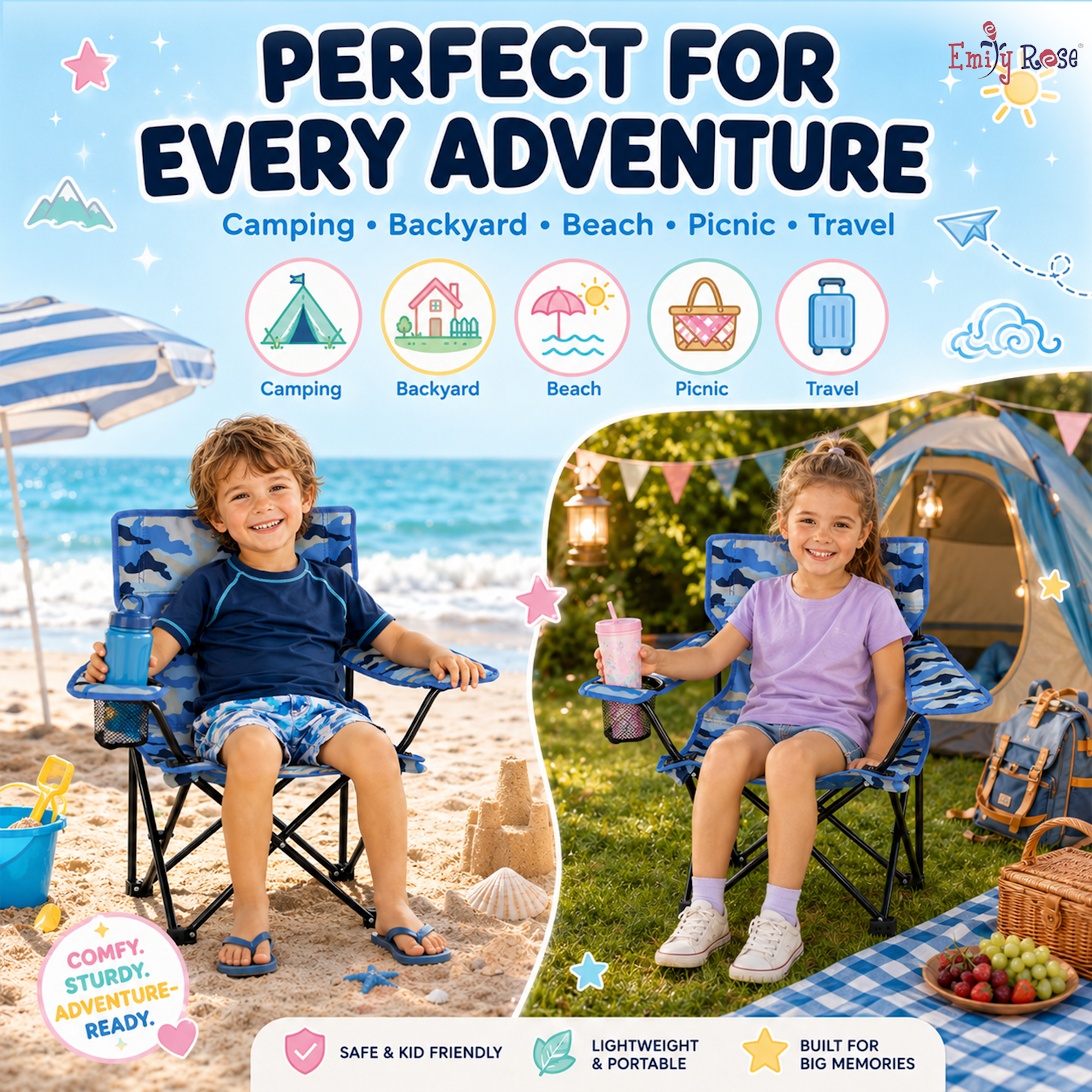 Emily Rose Portable Folding Beach Chair with Cup Holder and Carry Case (Blue Camo, 23.5 in x 13.5 in x 13.25 in) 9gael