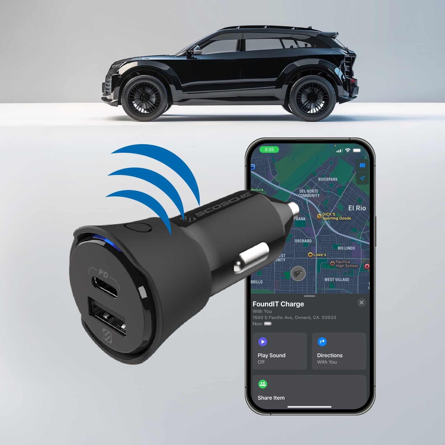 Scosche FoundIt Charge 32W Dual-Port USB-C & USB-A Car Charger with Built-in Locator (Black, 1 Pack) 3x9eg