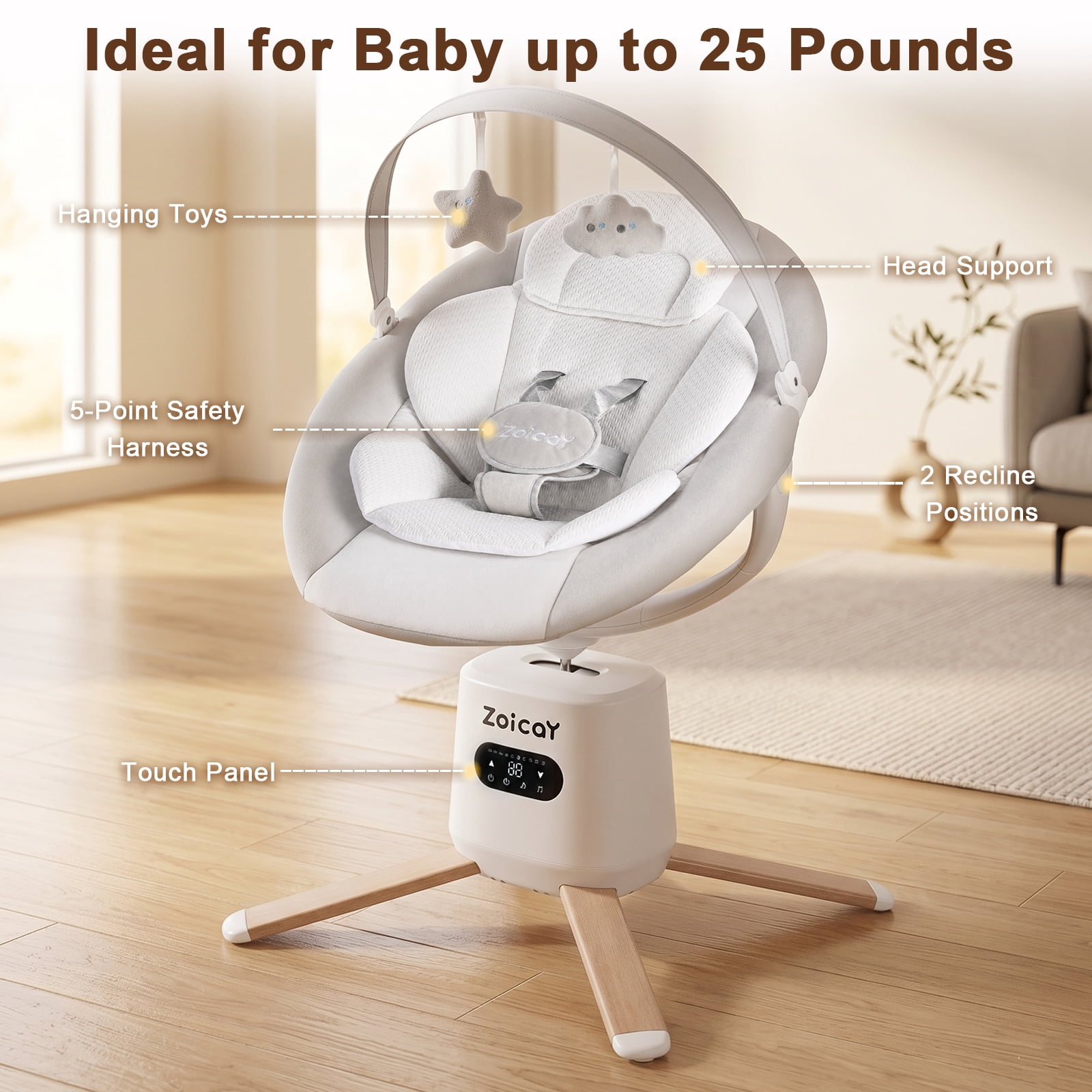 Zoicay Baby Swing, Infant Swing with 8 Motions & 8 Speeds, 360° Rotating Seat, Bluetooth Music & App Control (White, 25 lb Capacity) nq9jz