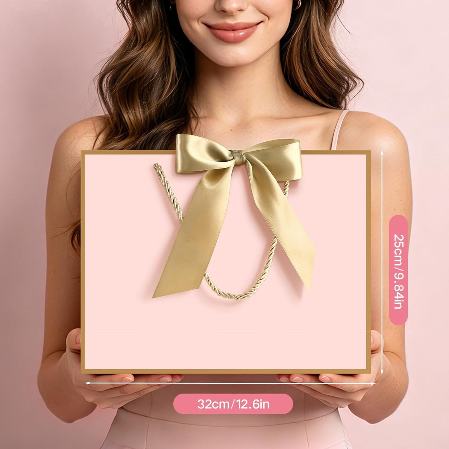 AUCLAY Large Gift Bags with Handles, Tissue Paper and Greeting Cards (Pink with Gold Trim, 3 Pack, 12.6 in) ylzpf