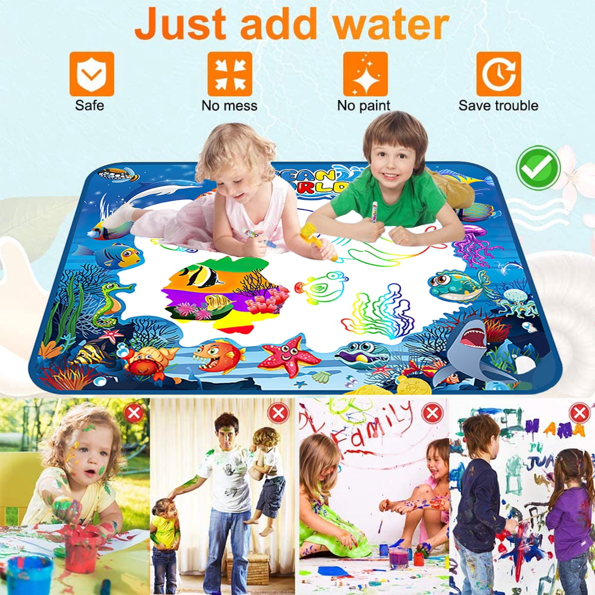 GPED Aqua Magic Water Drawing Mat, Mess-Free Educational Painting Pad for Toddlers (Ocean, 40 in x 32 in) 0ohtg