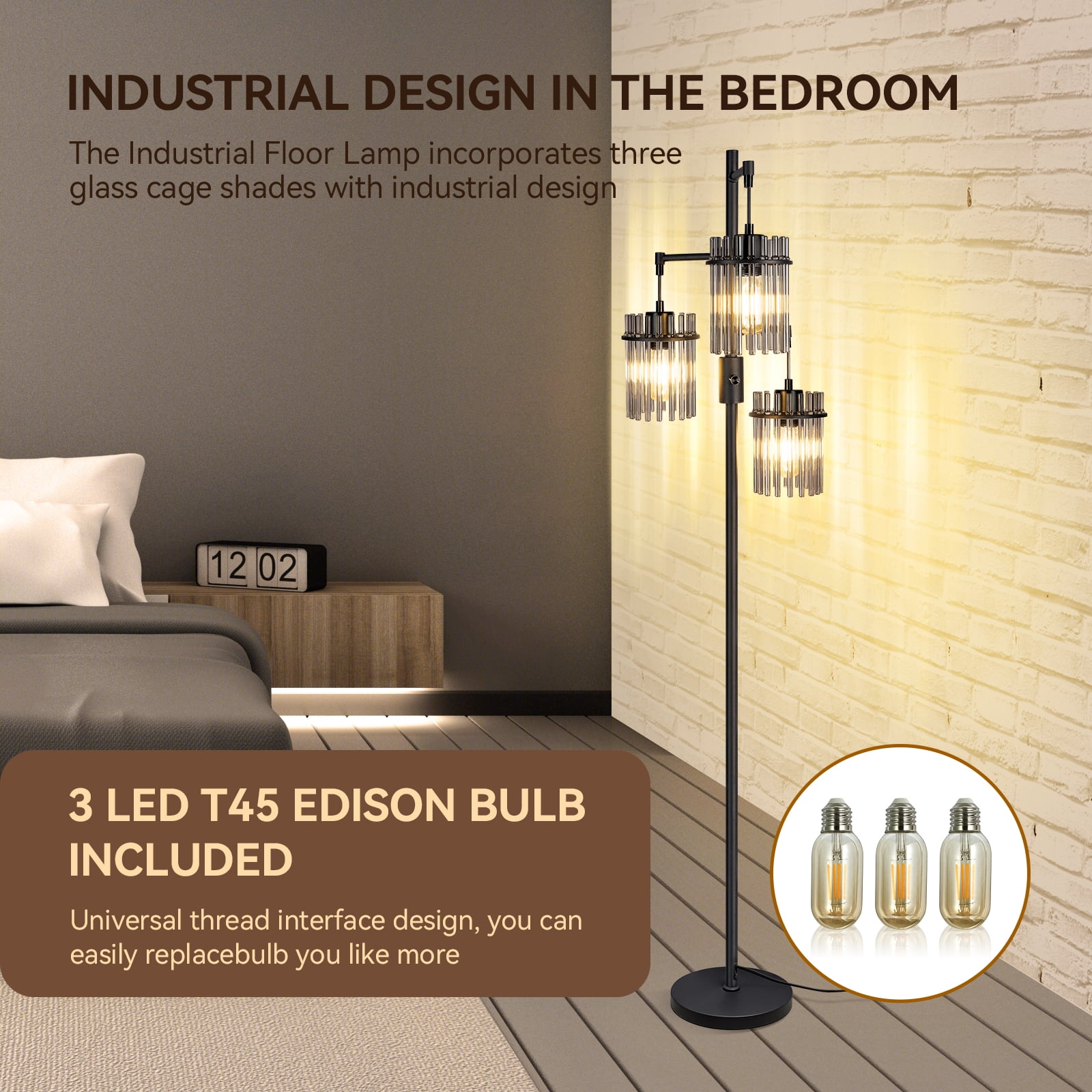 Muaket Industrial Modern Floor Lamp, Dimmable Tree Standing Light with 3 Teardrop Glass Cage Shades (Black, 65 in) yh6qg