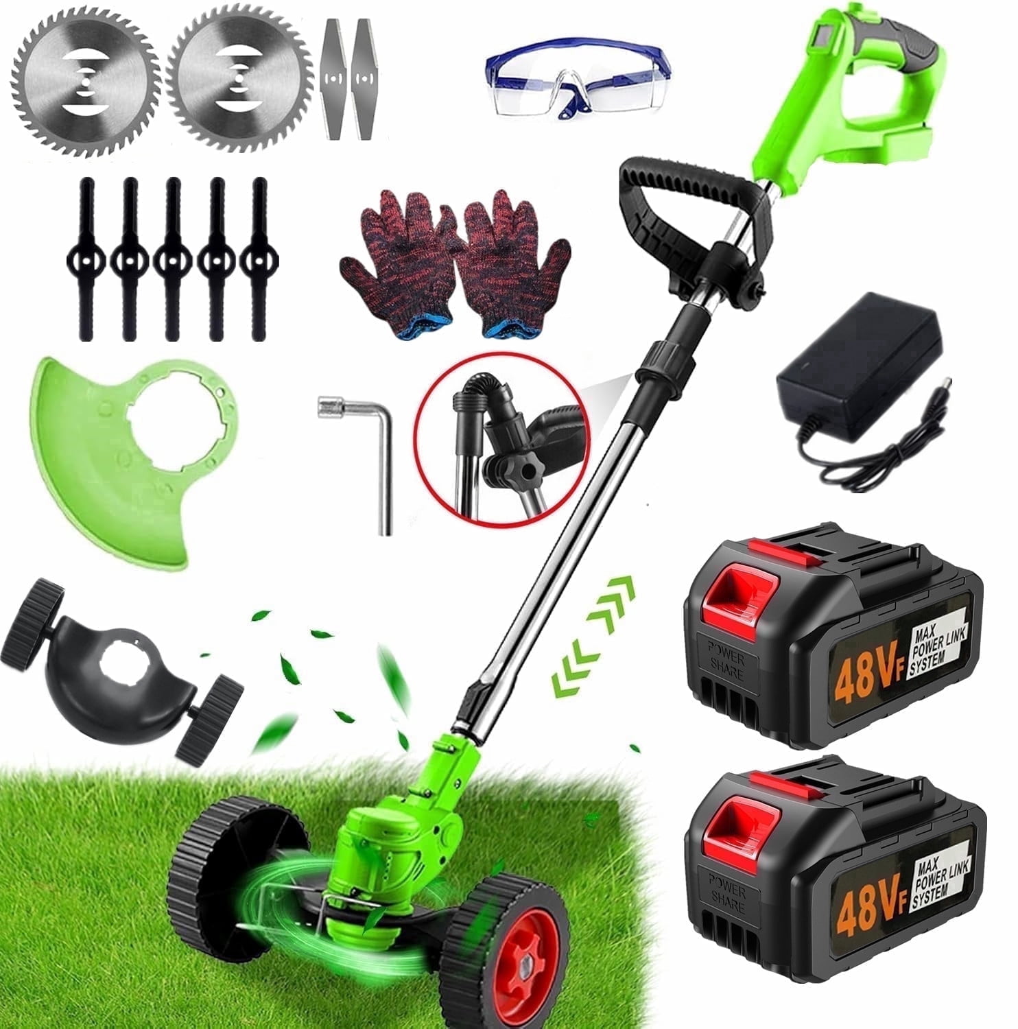 LEXKUYI Electric Cordless Weed Wacker, 48V Battery Powered Grass Trimmer with 2 Batteries & 3 Cutting Blades (Green, 47.2 in) r71wm