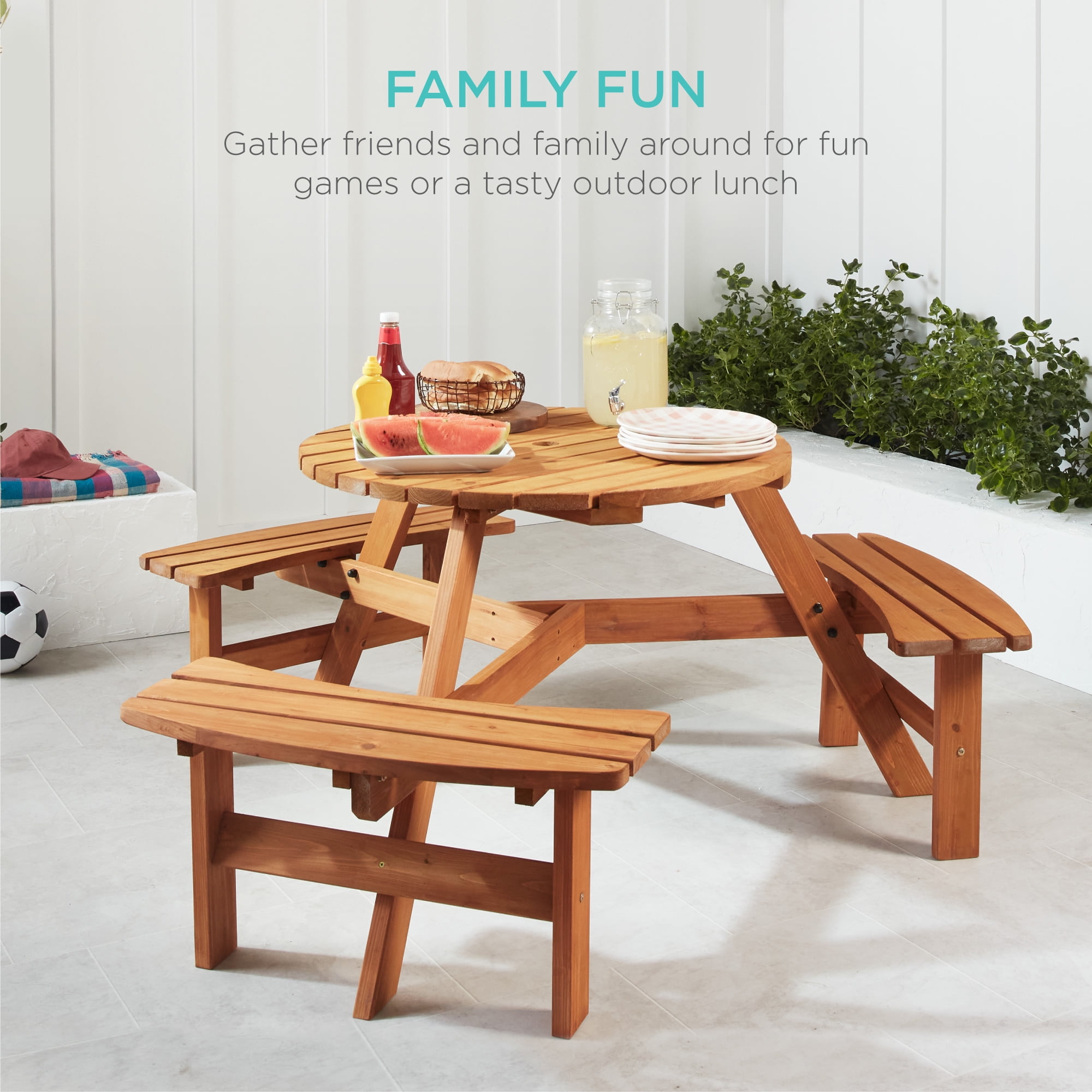 Best Choice Products Circular Outdoor Wooden Picnic Table with 3 Built-In Benches (Natural, 35 in Diameter) a1xwu